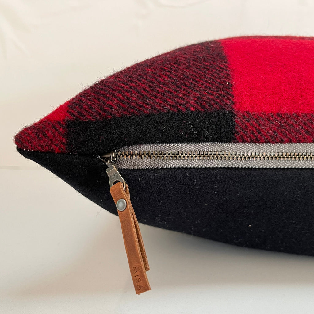 Red Black buffalo plaid pillow cover exposed zipper-leather pull 20x20 14x24 handmade wool Handcrafted by misa housewarming gift
