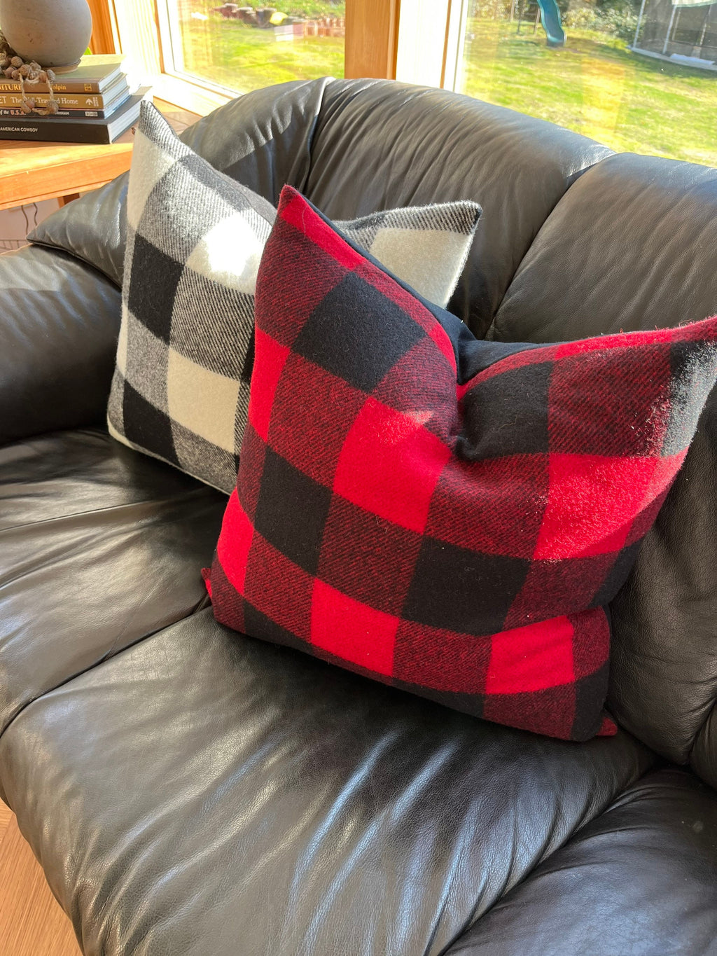 Red Black buffalo plaid pillow cover exposed zipper-leather pull 20x20 14x24 handmade wool Handcrafted by misa housewarming gift