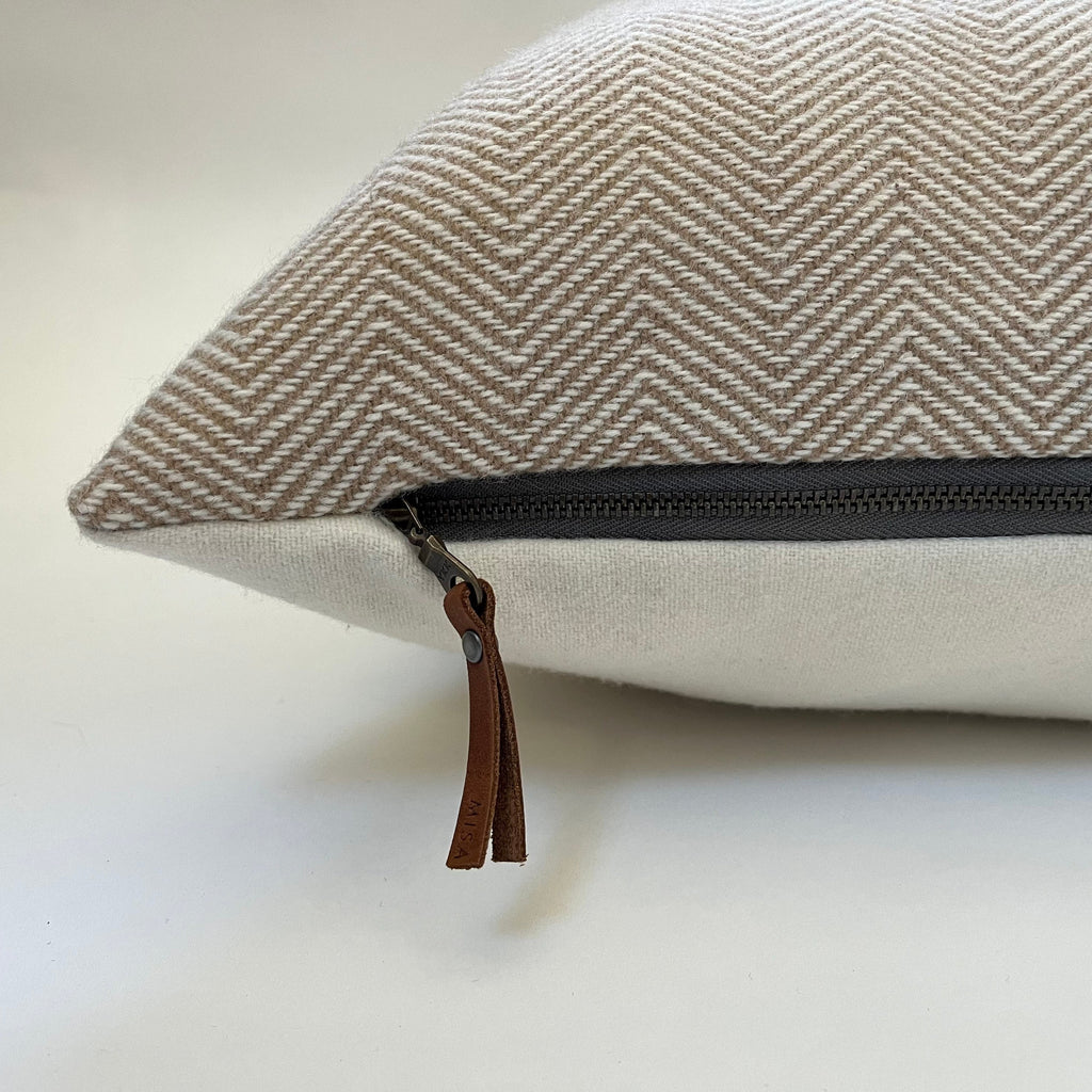 Tan and cream herringbone wool pillow cover exposed zipper-leather pull 20x20 22x2214x24 24x24 handmade Handcrafted by misa