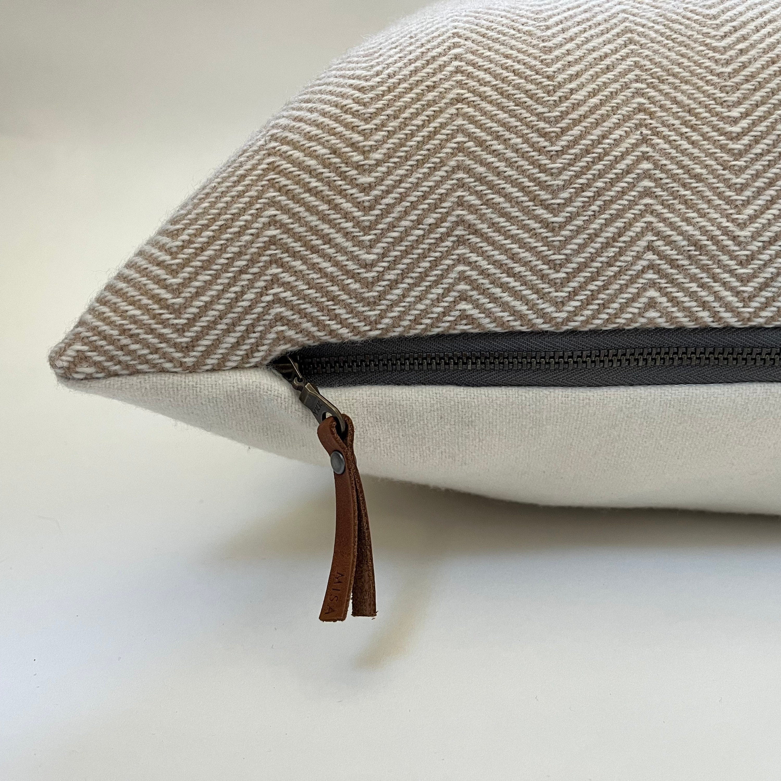 Tan and cream herringbone wool pillow cover exposed zipper-leather pull 20x20 22x2214x24 24x24 handmade Handcrafted by misa