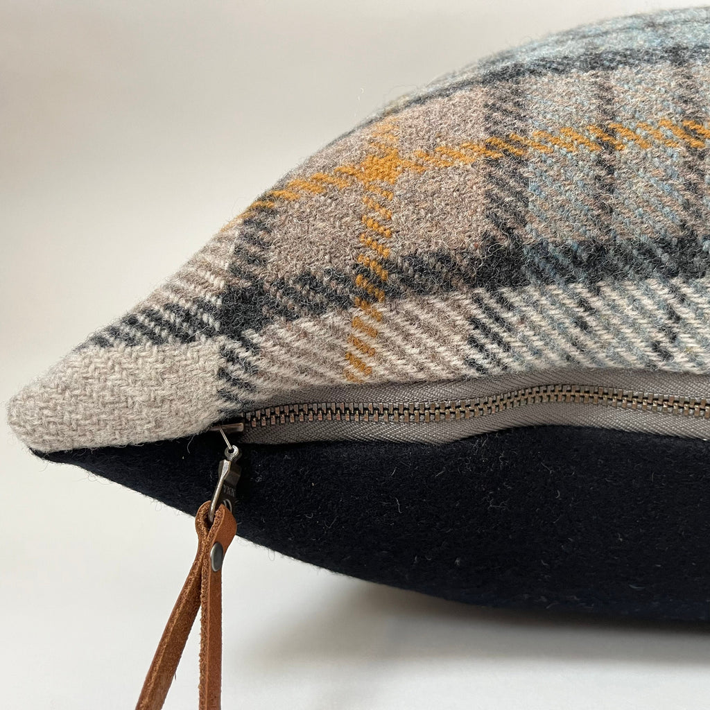 Black blue cream plaid wool pillow cover exposed zipper-leather pull 20"22" 24"14x24" handmade