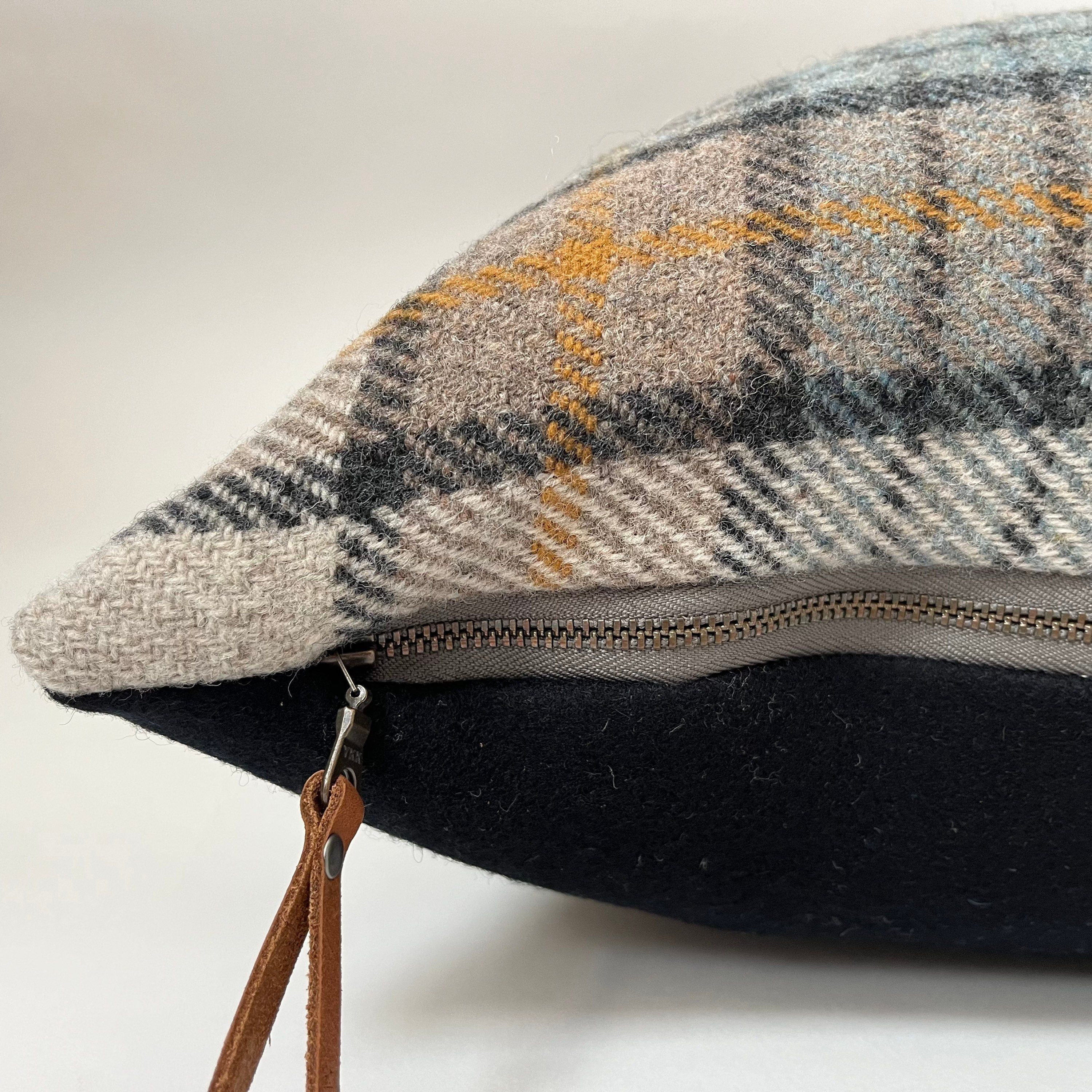 Black blue cream plaid wool pillow cover exposed zipper-leather pull 20"22" 24"14x24" handmade