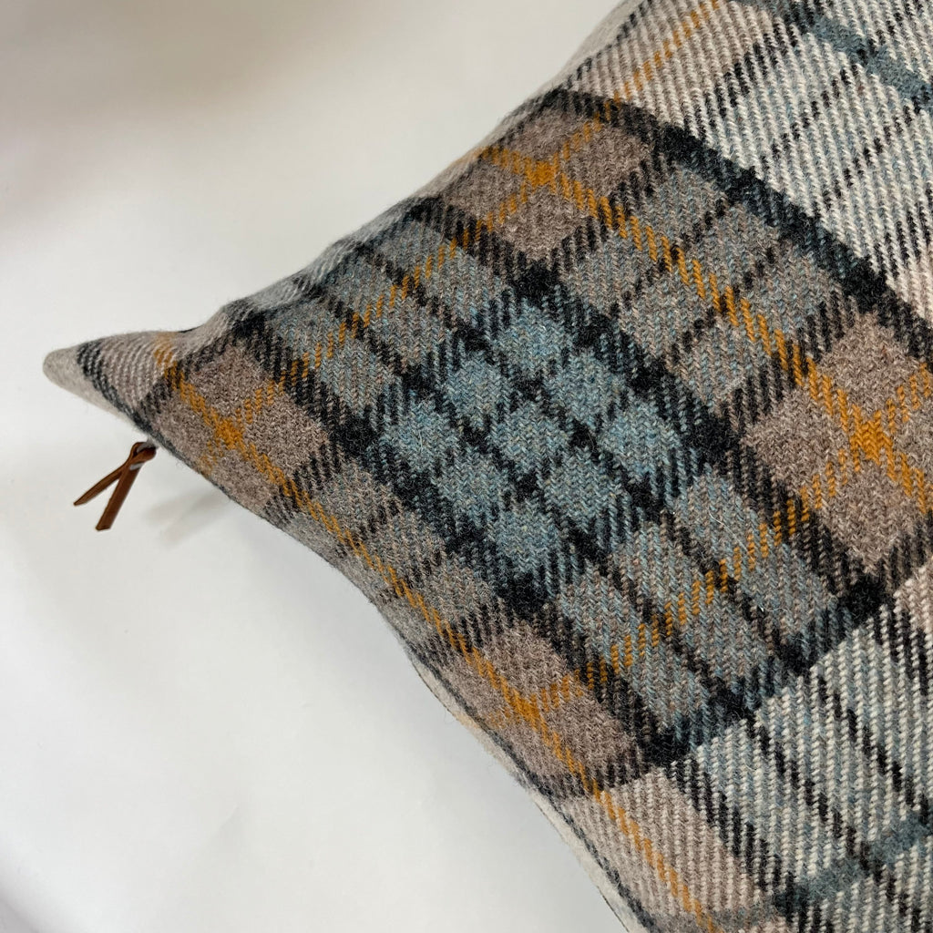 Black blue cream plaid wool pillow cover exposed zipper-leather pull 20"22" 24"14x24" handmade