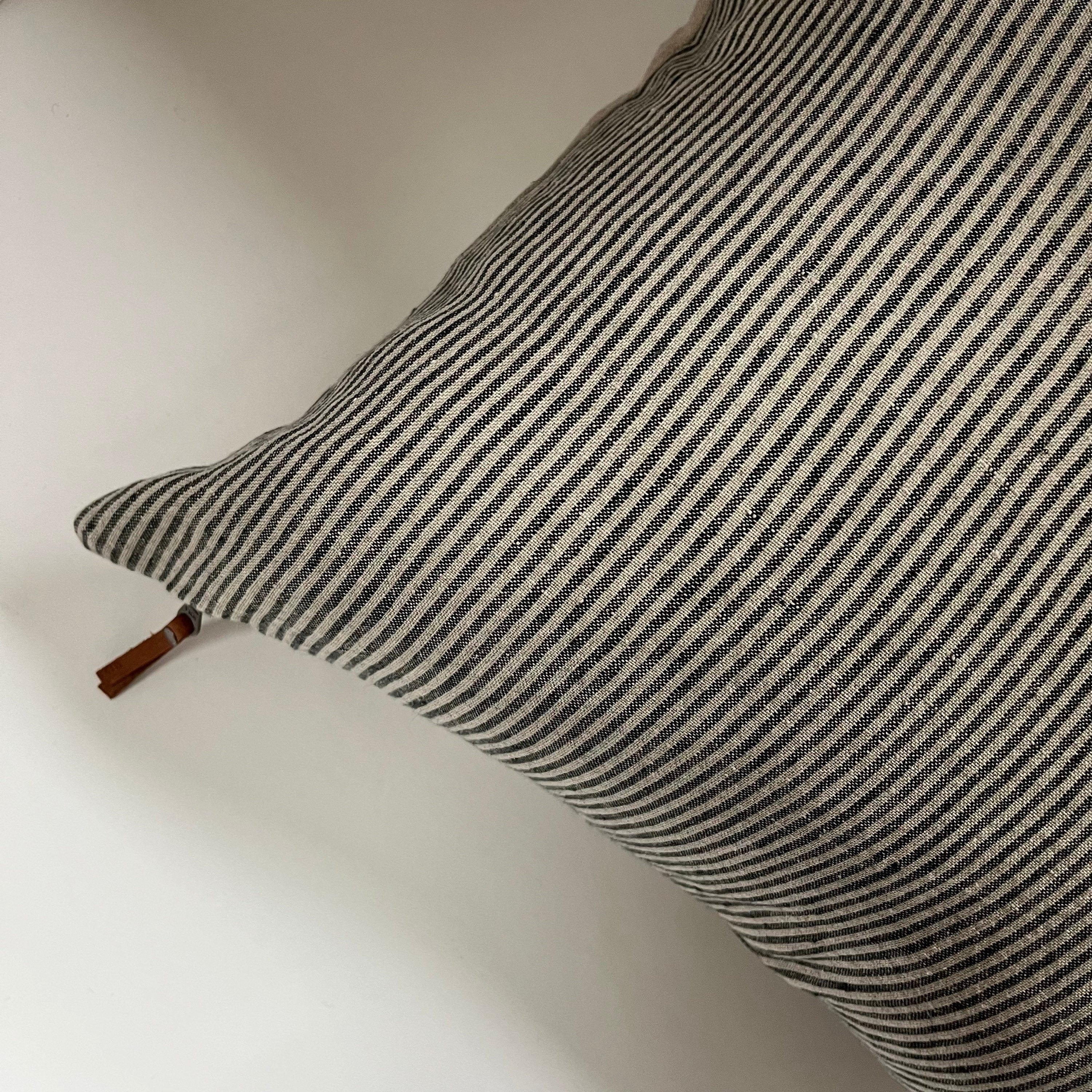 Black and tan pinstriped linen pillow cover gray striped pillow exposed zipper-leather pull 14x24 20” 22” 24” high quality housewarming gift