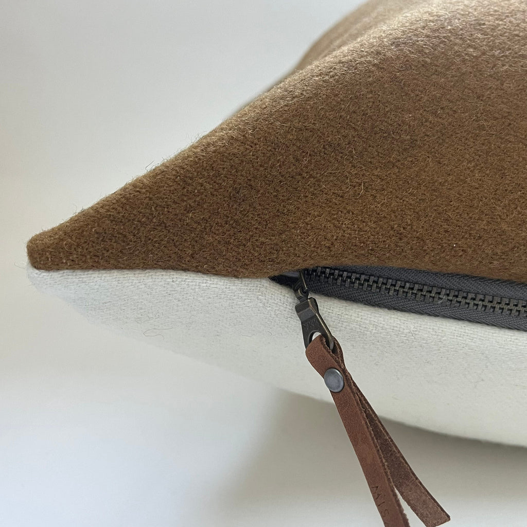 Swisscross pillow cover camel brown with cream cross exposed zipper-leather pull 20x20 or 24x14 lumbar handmade