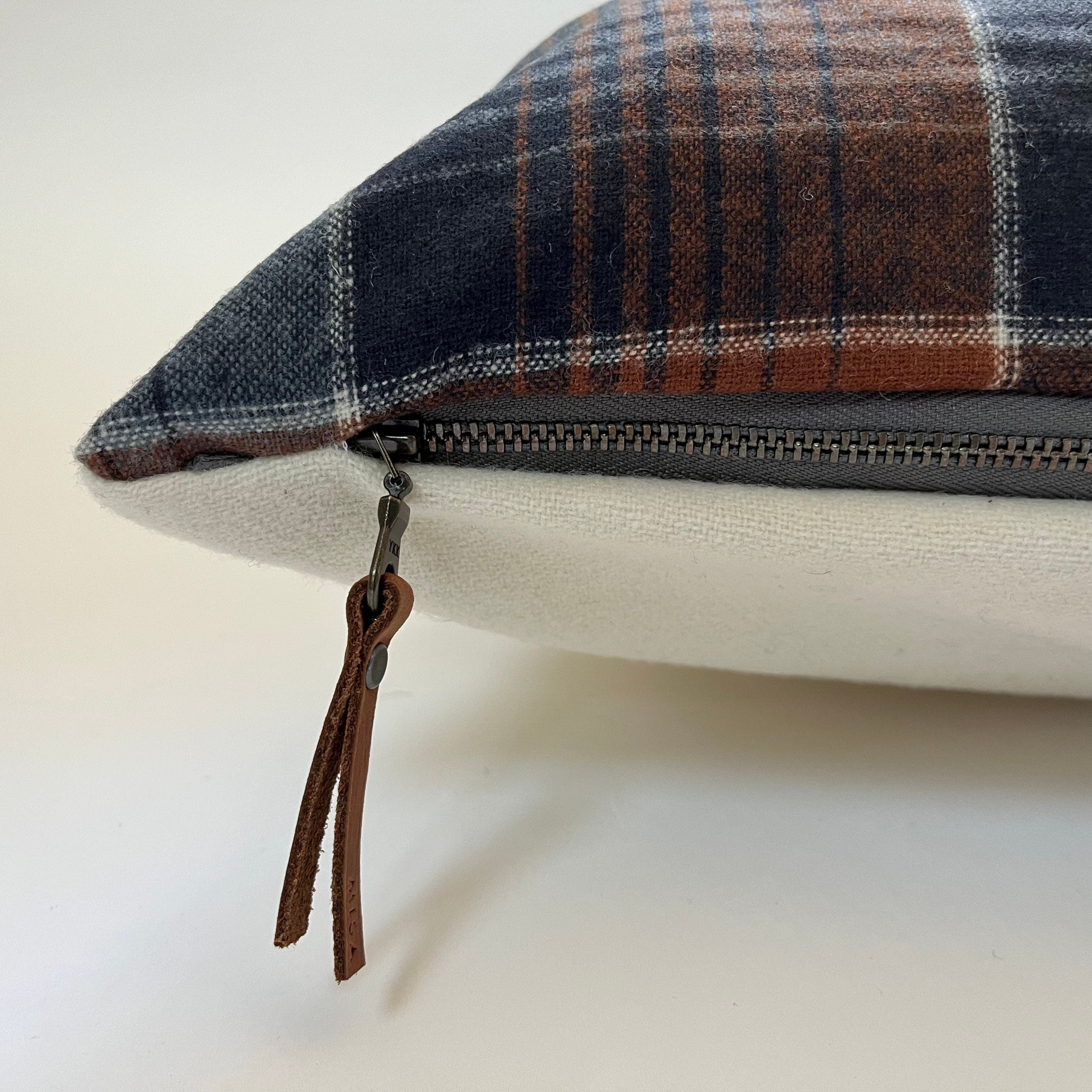 Blue and rust cream plaid wool pillow cover exposed zipper-leather pull 24x24 20x20 14x24 handmade