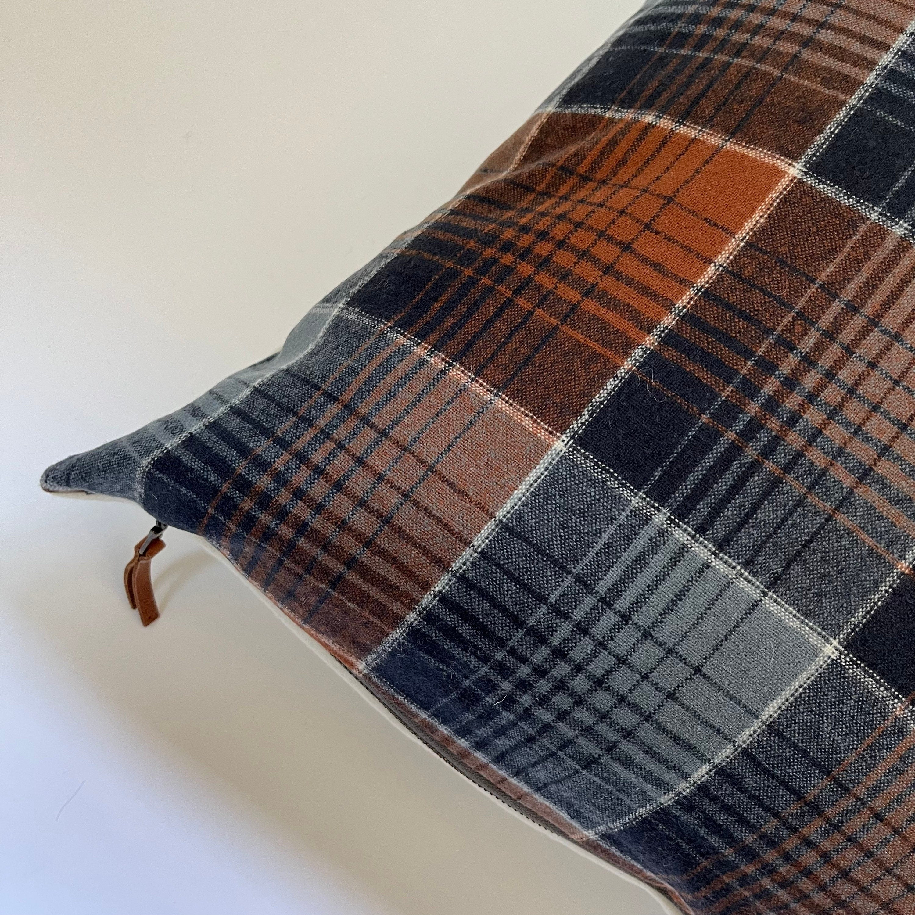 Blue and rust cream plaid wool pillow cover exposed zipper-leather pull 24x24 20x20 14x24 handmade