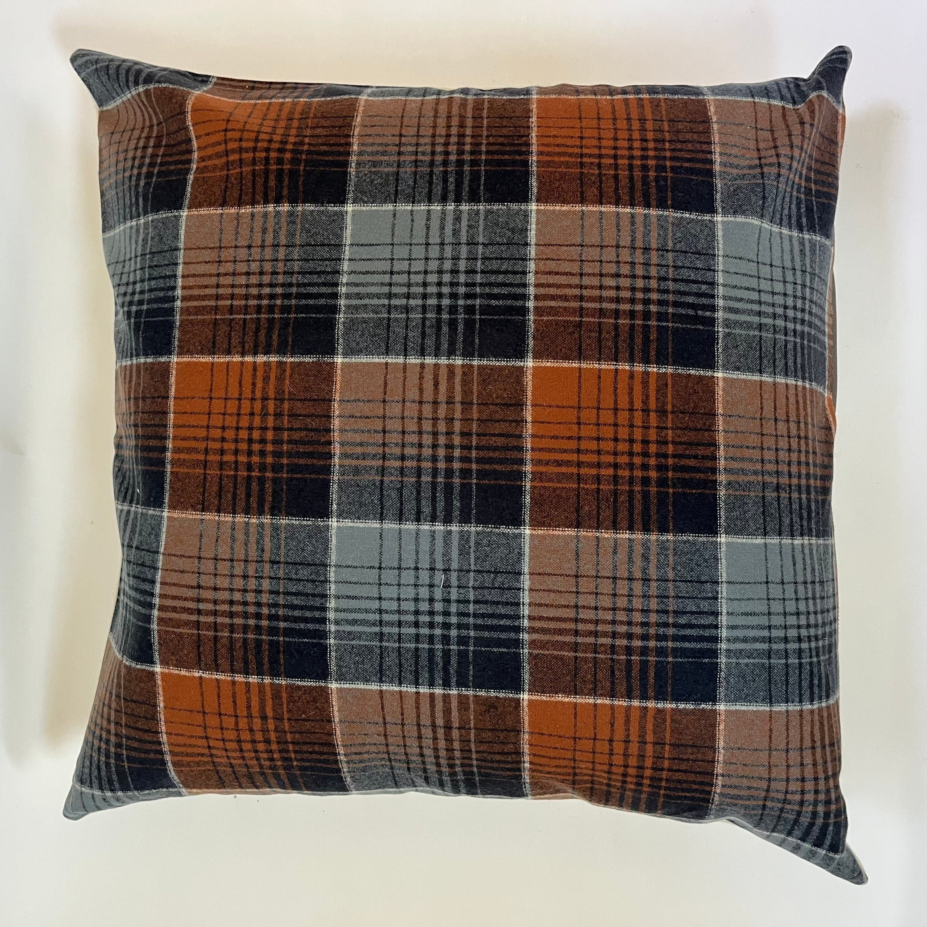 Blue and rust cream plaid wool pillow cover exposed zipper-leather pull 24x24 20x20 14x24 handmade