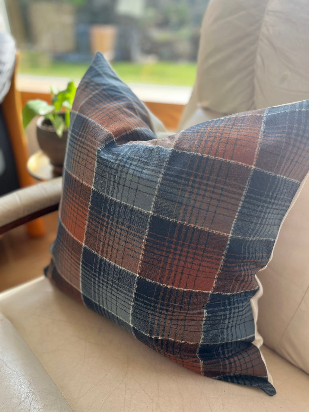Blue and rust cream plaid wool pillow cover exposed zipper-leather pull 24x24 20x20 14x24 handmade