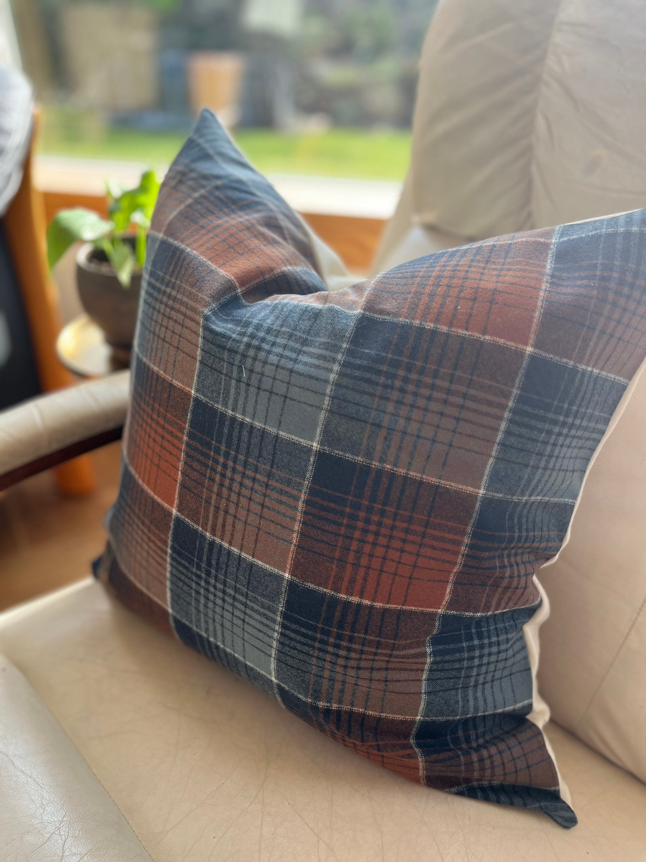 Blue and rust cream plaid wool pillow cover exposed zipper-leather pull 24x24 20x20 14x24 handmade
