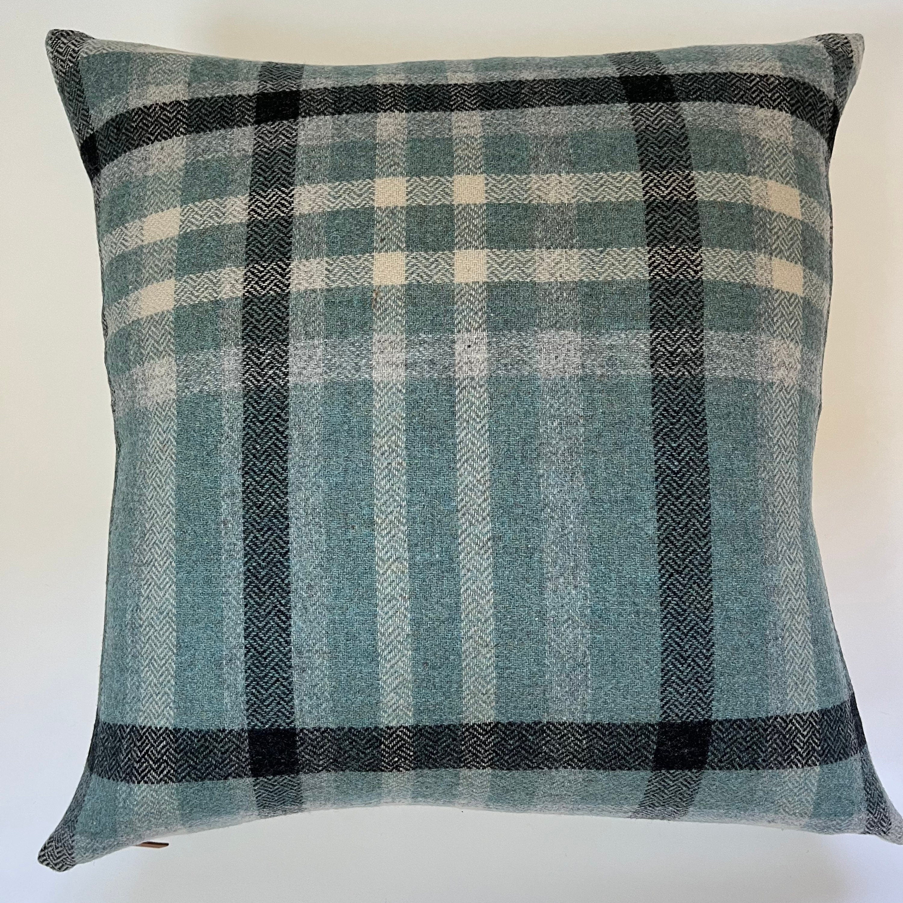 Blue black and cream plaid wool pillow cover |exposed zipper-leather pull 24"22" 20" 14x24" handmade