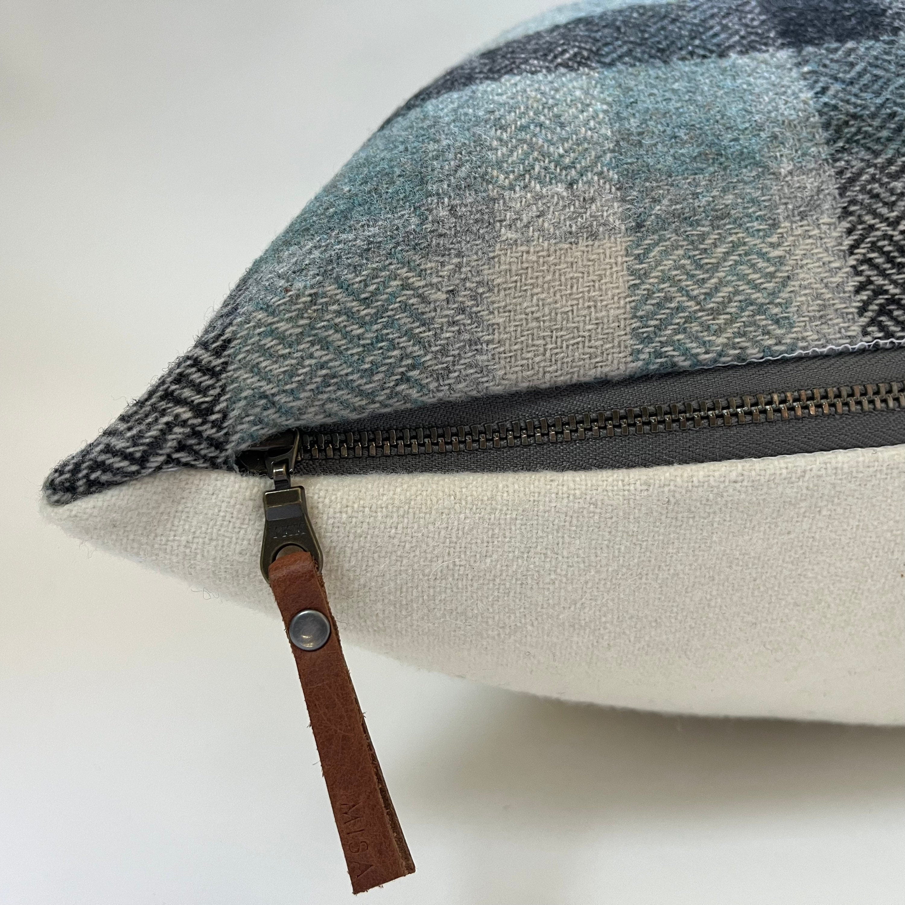 Blue black and cream plaid wool pillow cover |exposed zipper-leather pull 24"22" 20" 14x24" handmade