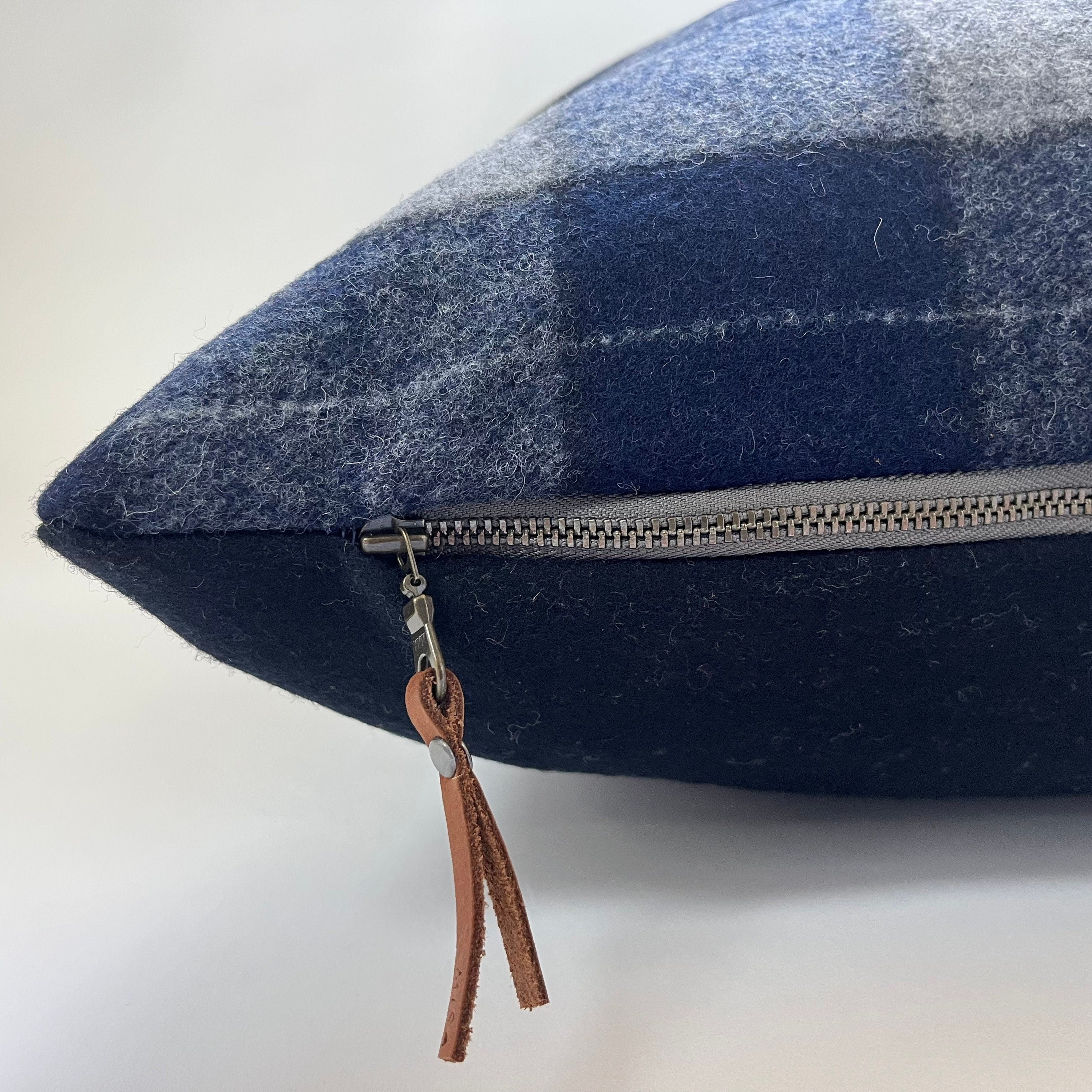 Blue black and gray plaid wool pillow cover exposed zipper-leather pull 24" 20" 22" 14x24"handmade