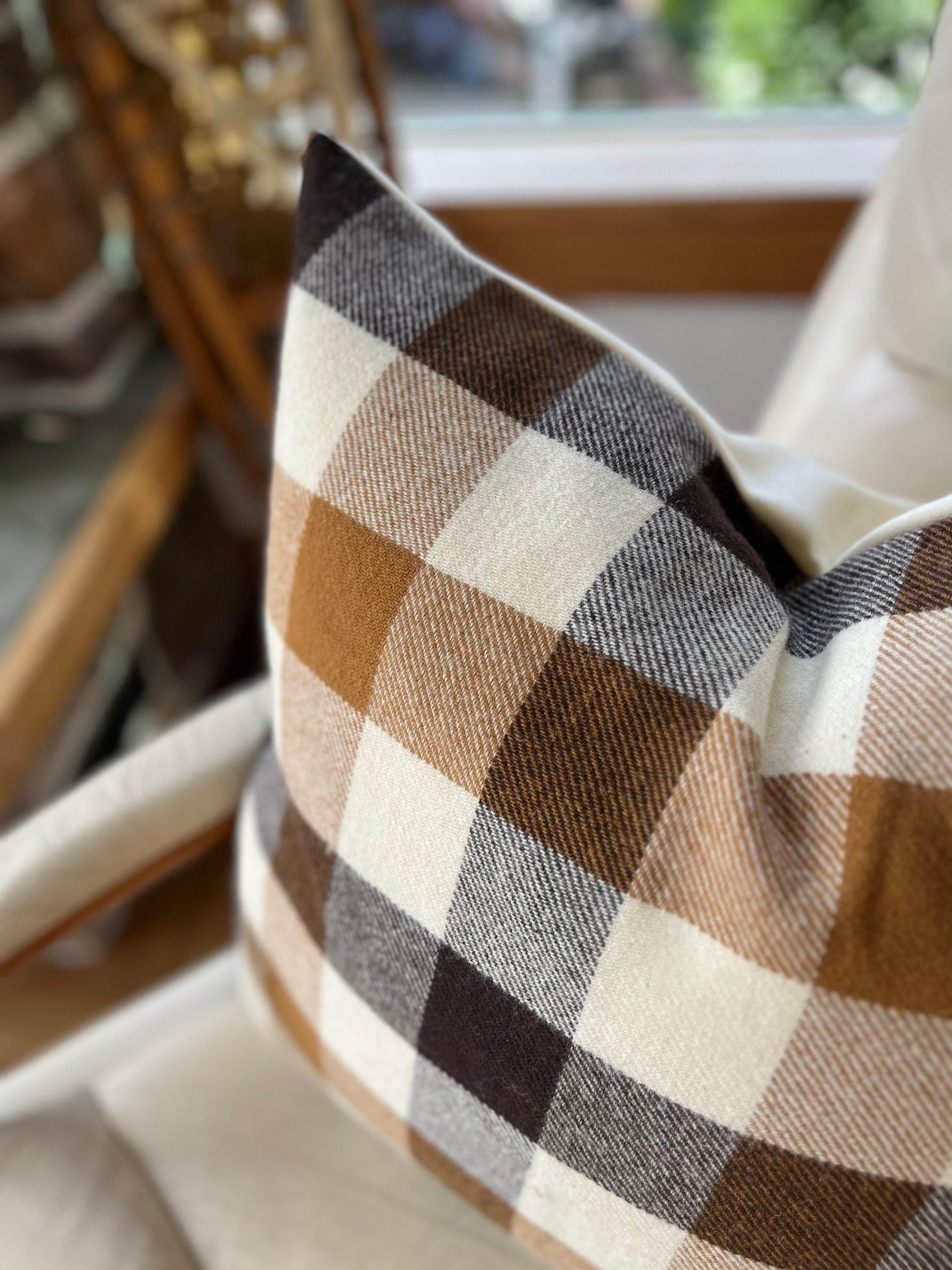 Brown black and cream plaid wool pillow cover exposed zipper-leather pull 20”24”22 14x24 handmade