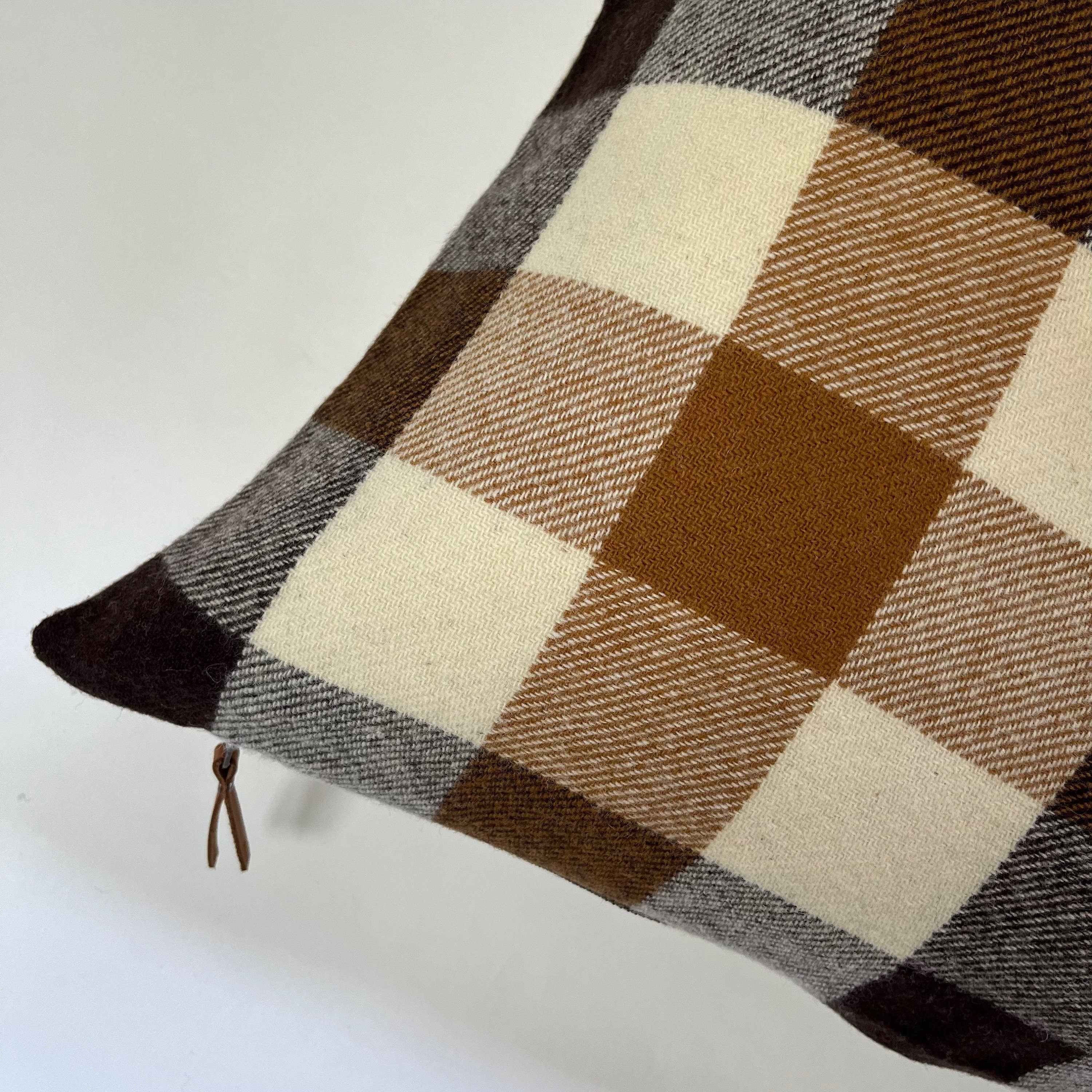 Brown black and cream plaid wool pillow cover exposed zipper-leather pull 20”24”22 14x24 handmade