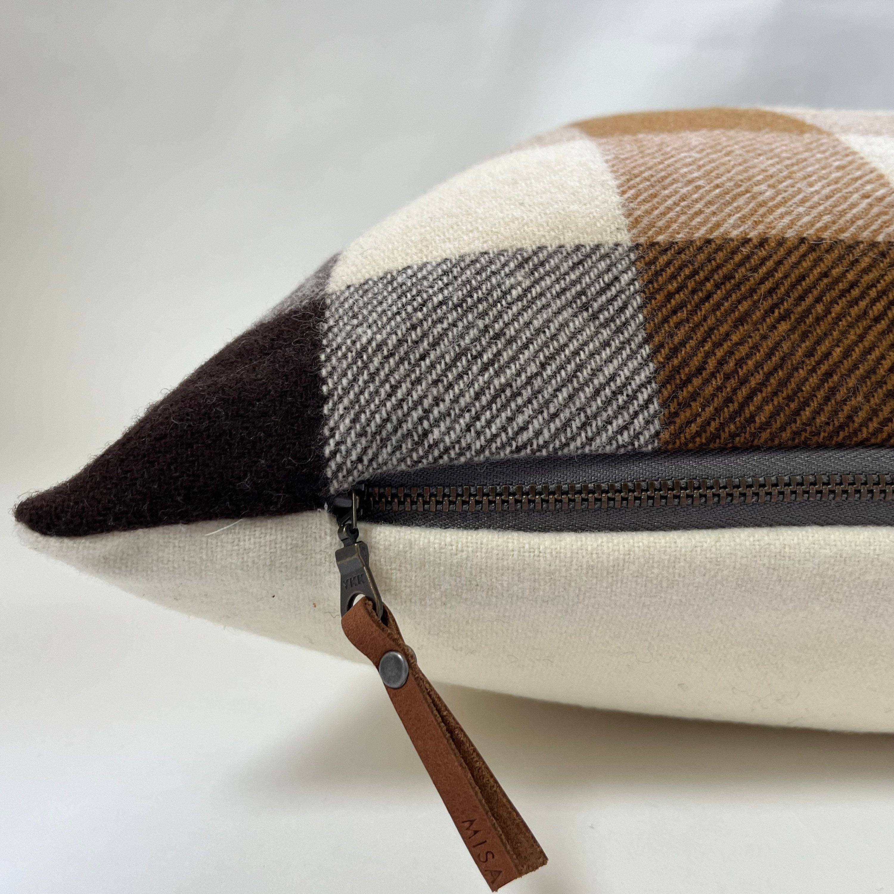 Brown black and cream plaid wool pillow cover exposed zipper-leather pull 20”24”22 14x24 handmade