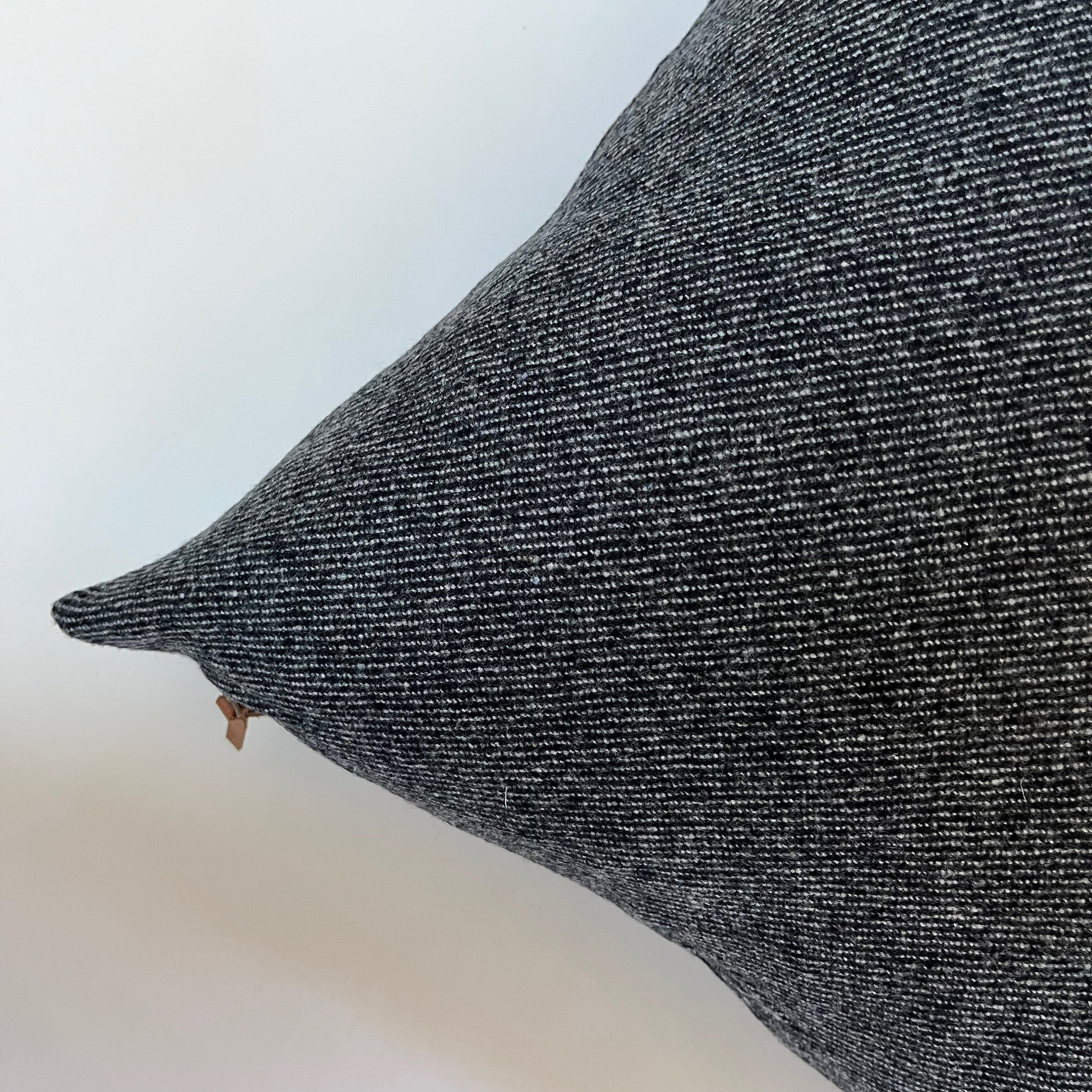 Black and white pinstriped wool pillow cover exposed zipper-leather pull 24"22"20" 14x24 handmade