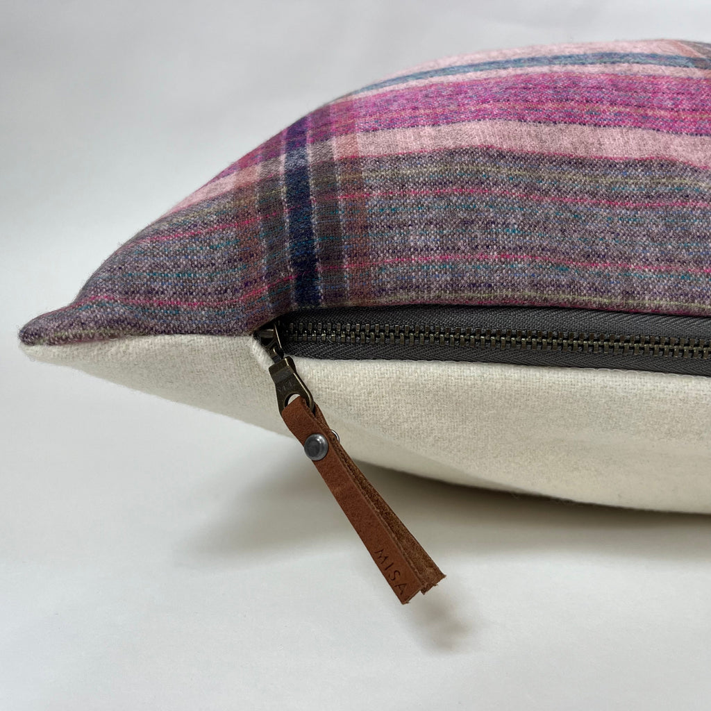 Pink blue plaid wool pillow cover exposed zipper-leather pull 20x20 14x24 made with Pendleton wool Handcrafted by misa housewarming gift