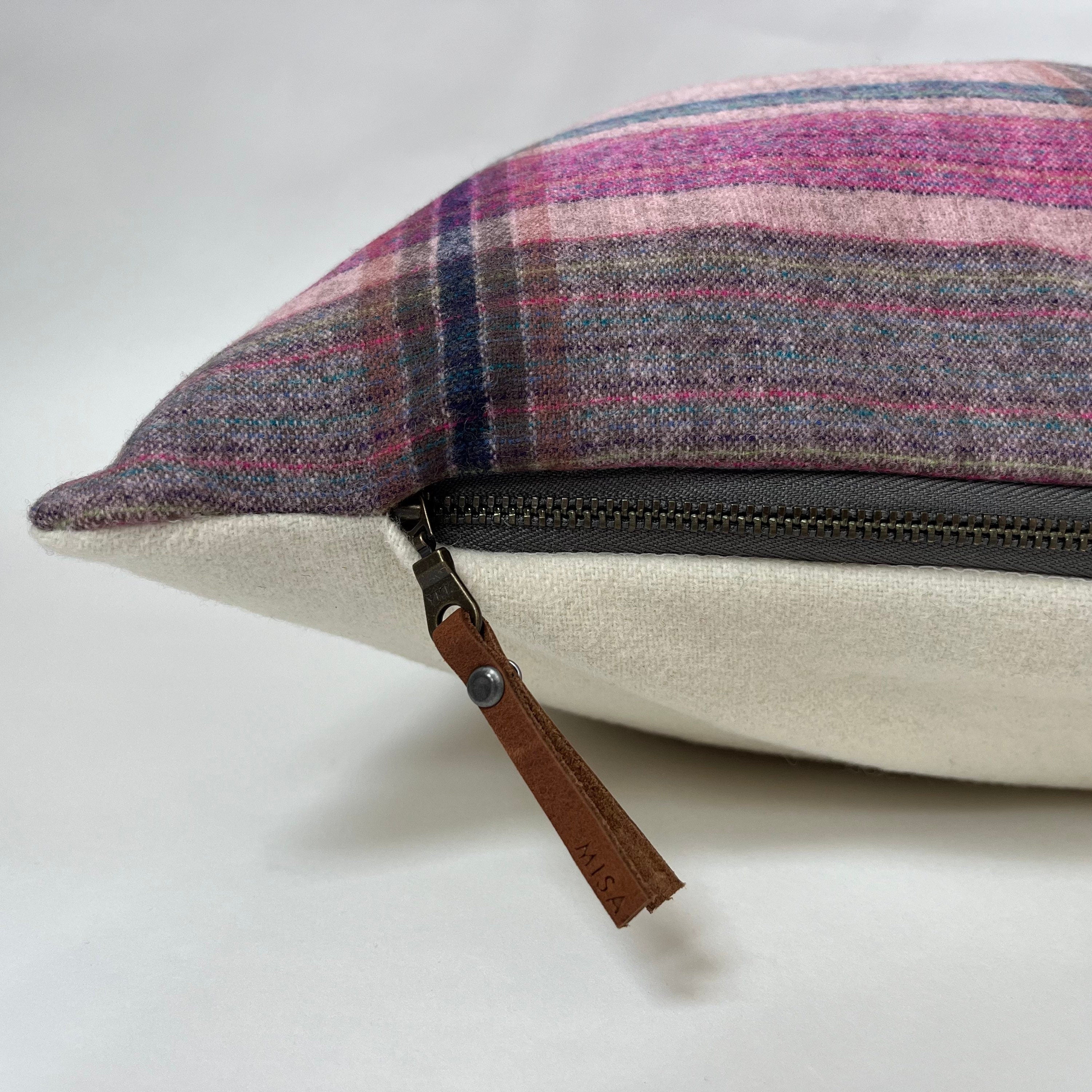 Pink blue plaid wool pillow cover exposed zipper-leather pull 20x20 14x24 made with Pendleton wool Handcrafted by misa housewarming gift