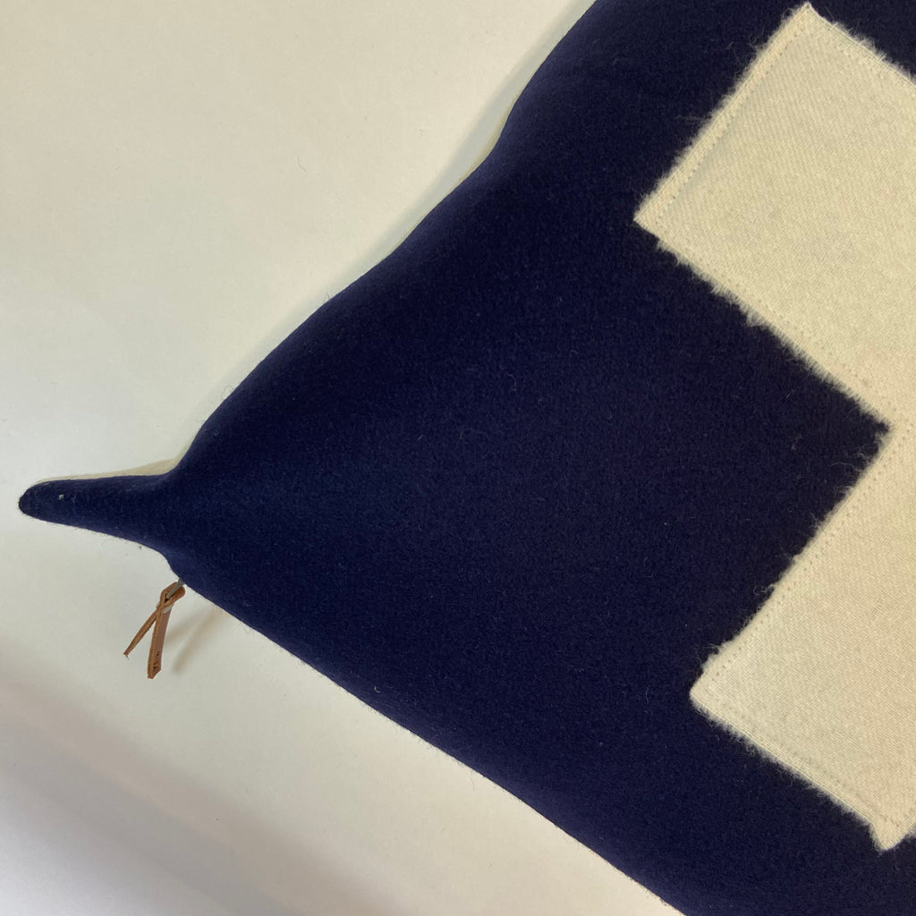 Swisscross blue pillow royal blue pillow cover wool pillow exposed zipper-leather pull 20x20 24x14 lumbar handmade