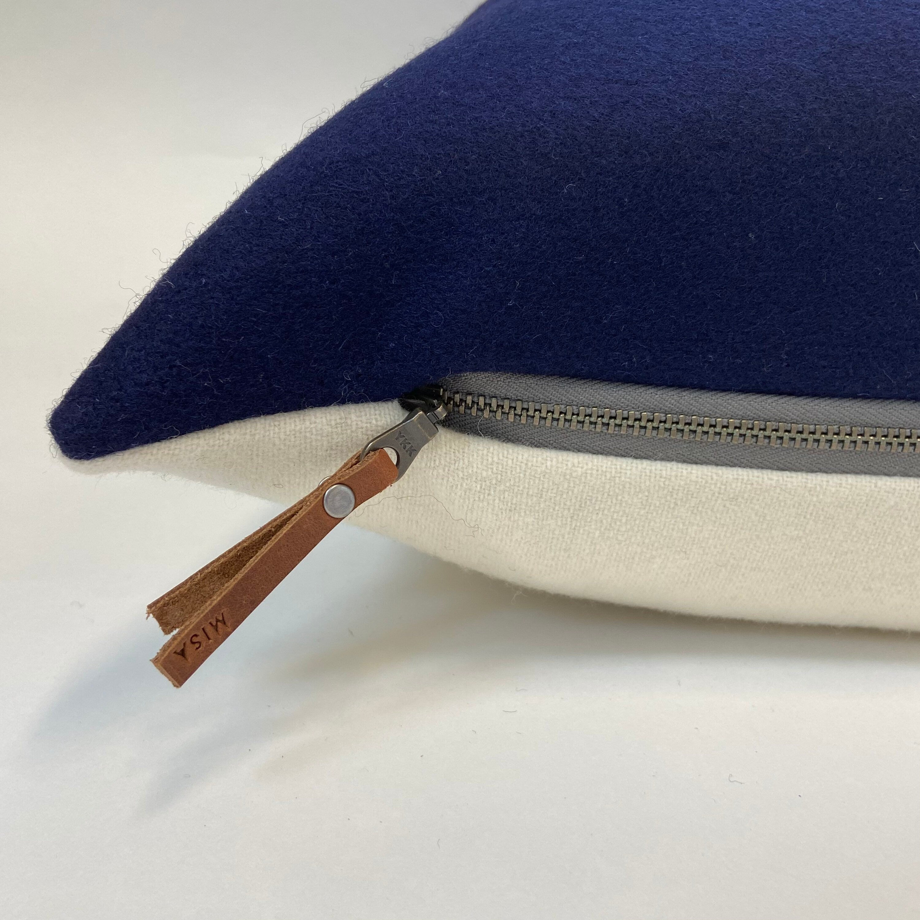 Swisscross blue pillow royal blue pillow cover wool pillow exposed zipper-leather pull 20x20 24x14 lumbar handmade