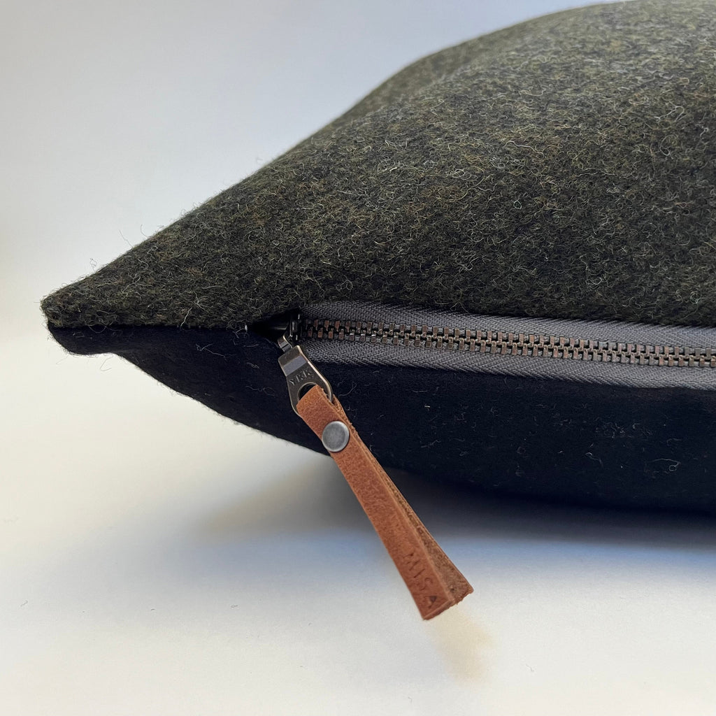 Black and green pinstriped wool pillow cover exposed zipper-leather pull 24"22" 20" 14x24" handmade