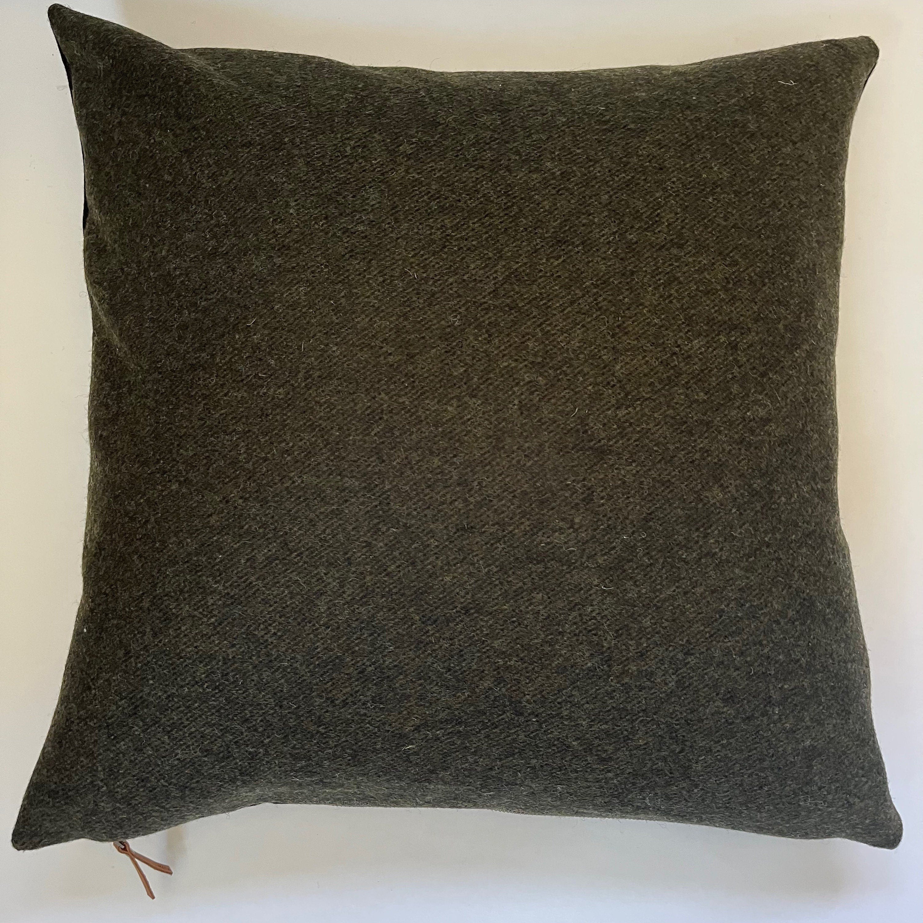 Black and green pinstriped wool pillow cover exposed zipper-leather pull 24"22" 20" 14x24" handmade