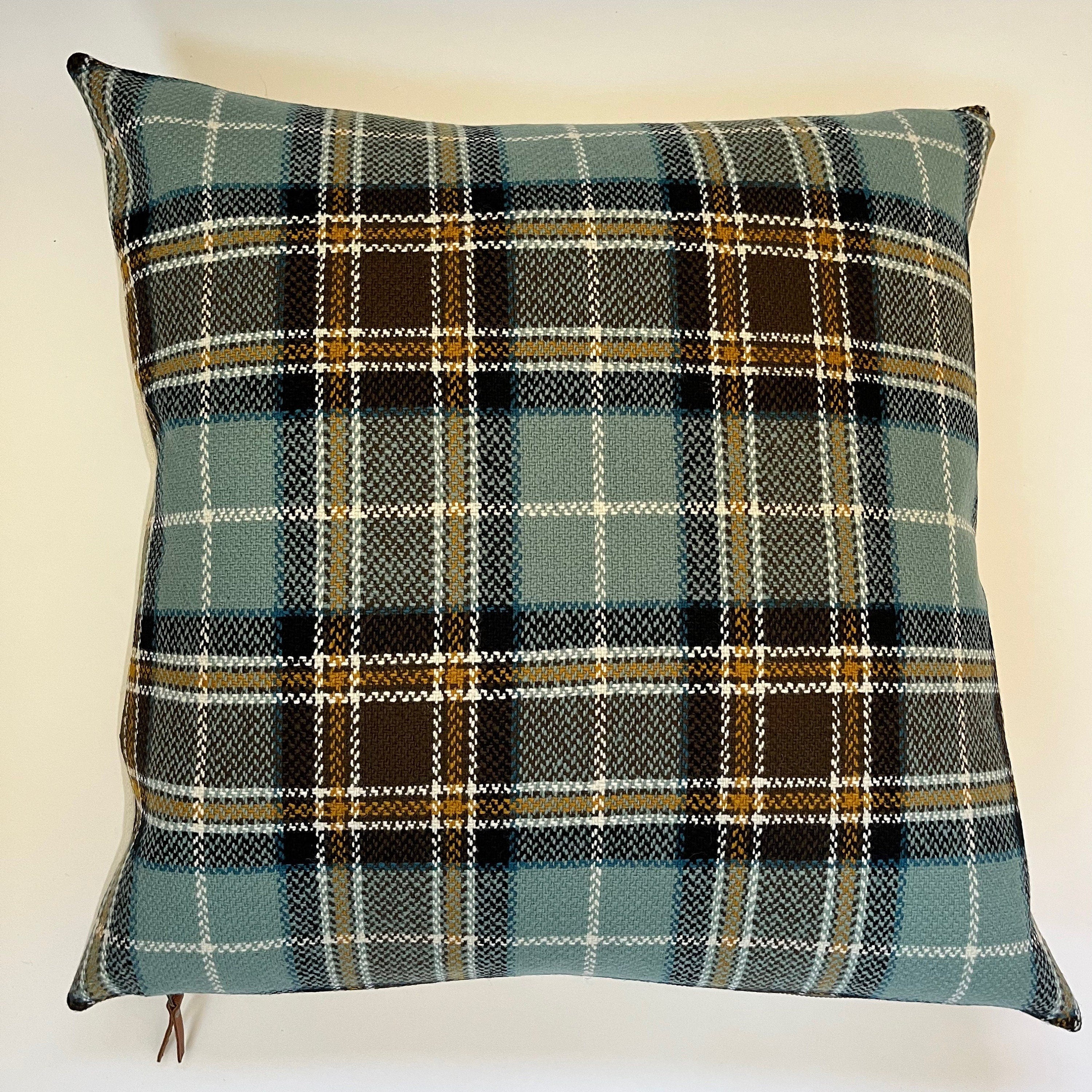 Blue black and gold plaid wool pillow cover exposed zipper-leather pull 24"22”20"14x24" handmade