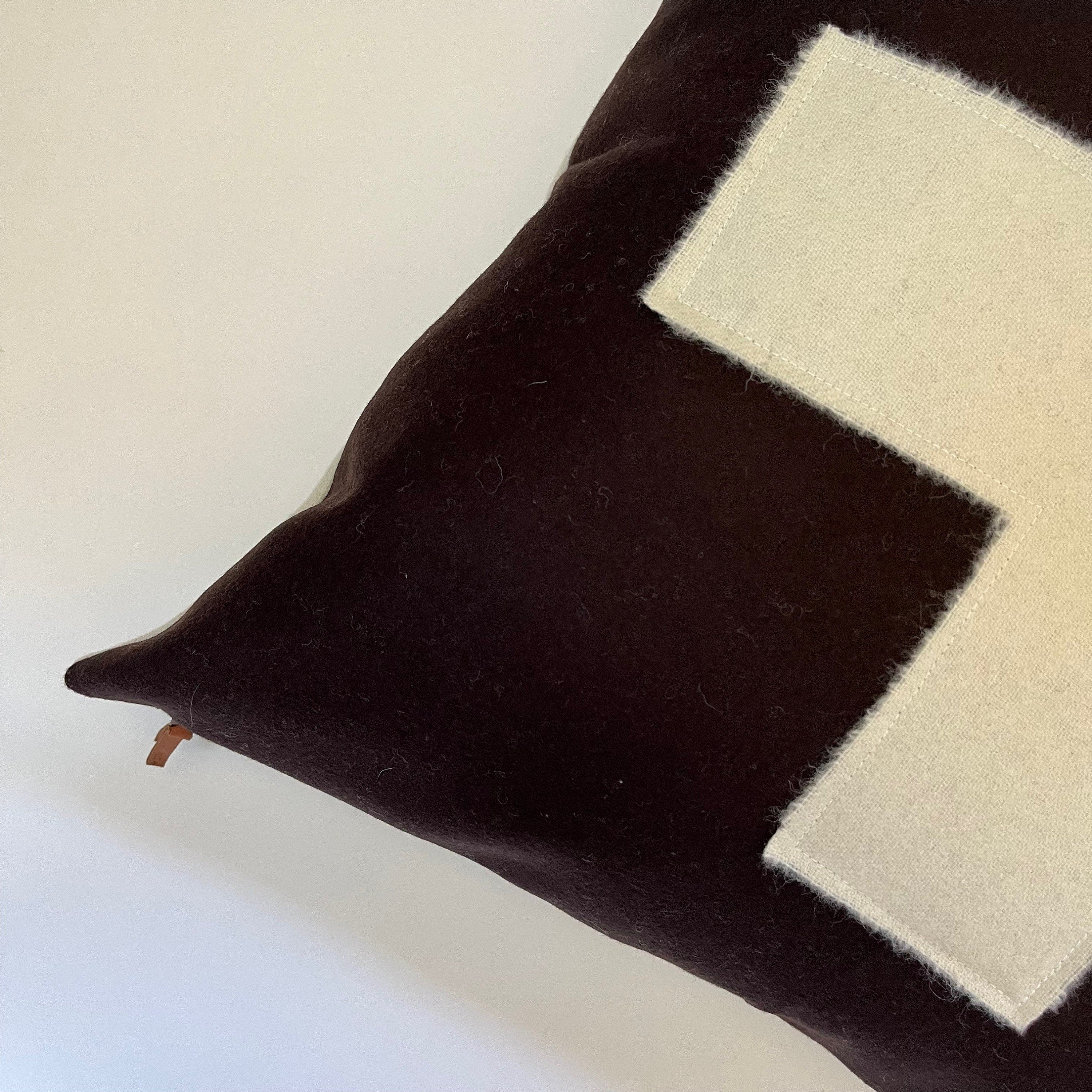 Swisscross wool pillow cover chocolate brown with cream swisscross exposed zipper-leather pull 20x20 or 24x14 handmade