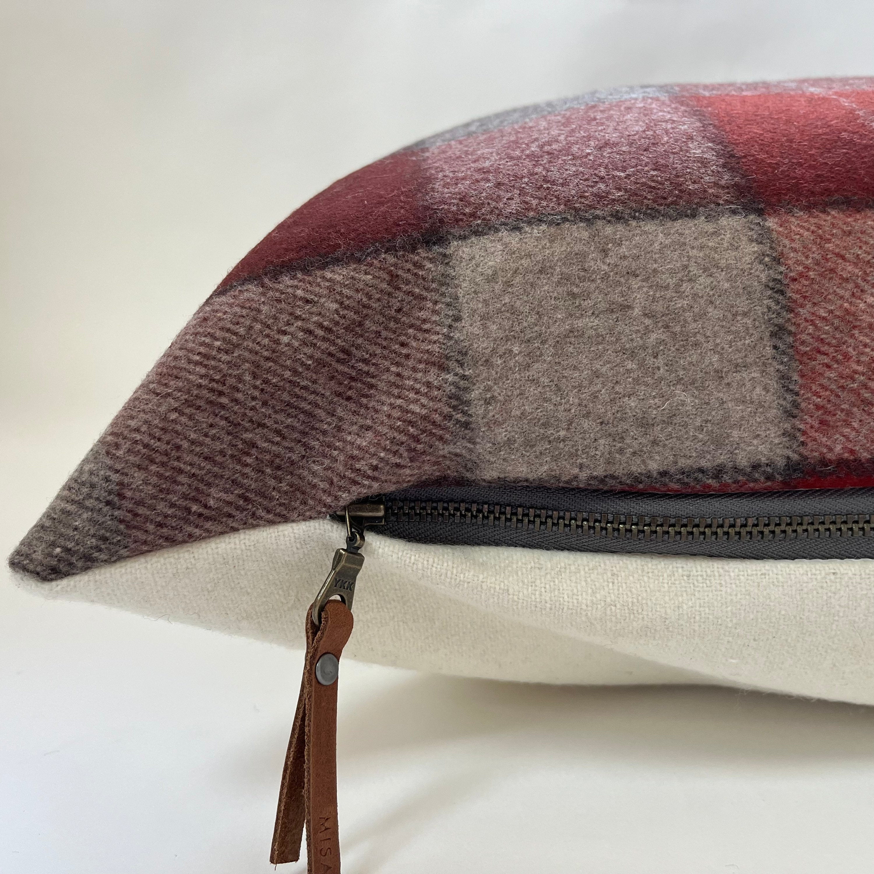 wool pillow cover orange Rust and gray exposed zipper-leather pull 20x20 14x24 handmade Handcrafted by misa