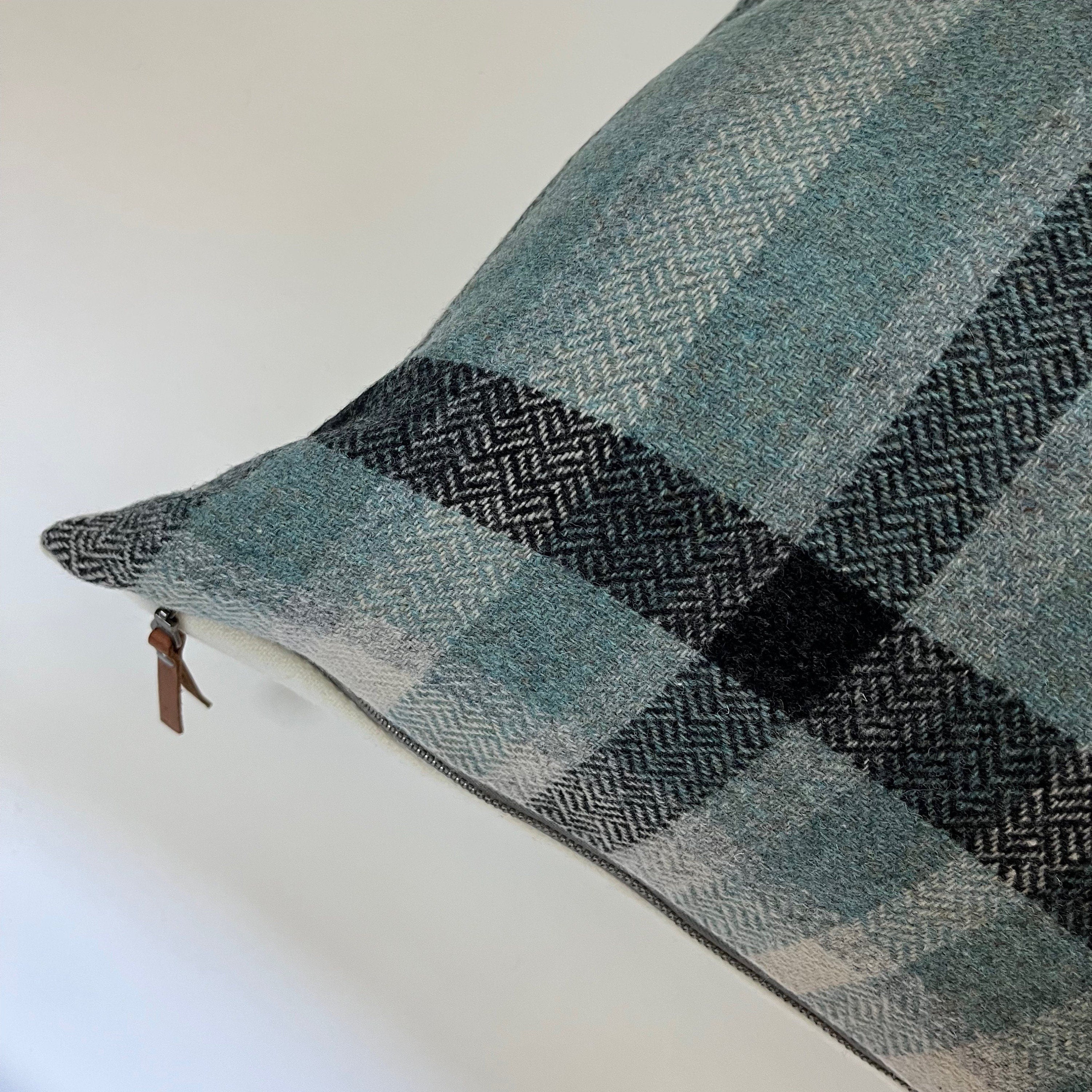 Blue black and cream plaid wool pillow cover |exposed zipper-leather pull 24"22" 20" 14x24" handmade