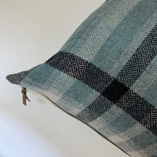 Blue black and cream plaid wool pillow cover |exposed zipper-leather pull 24"22" 20" 14x24" handmade