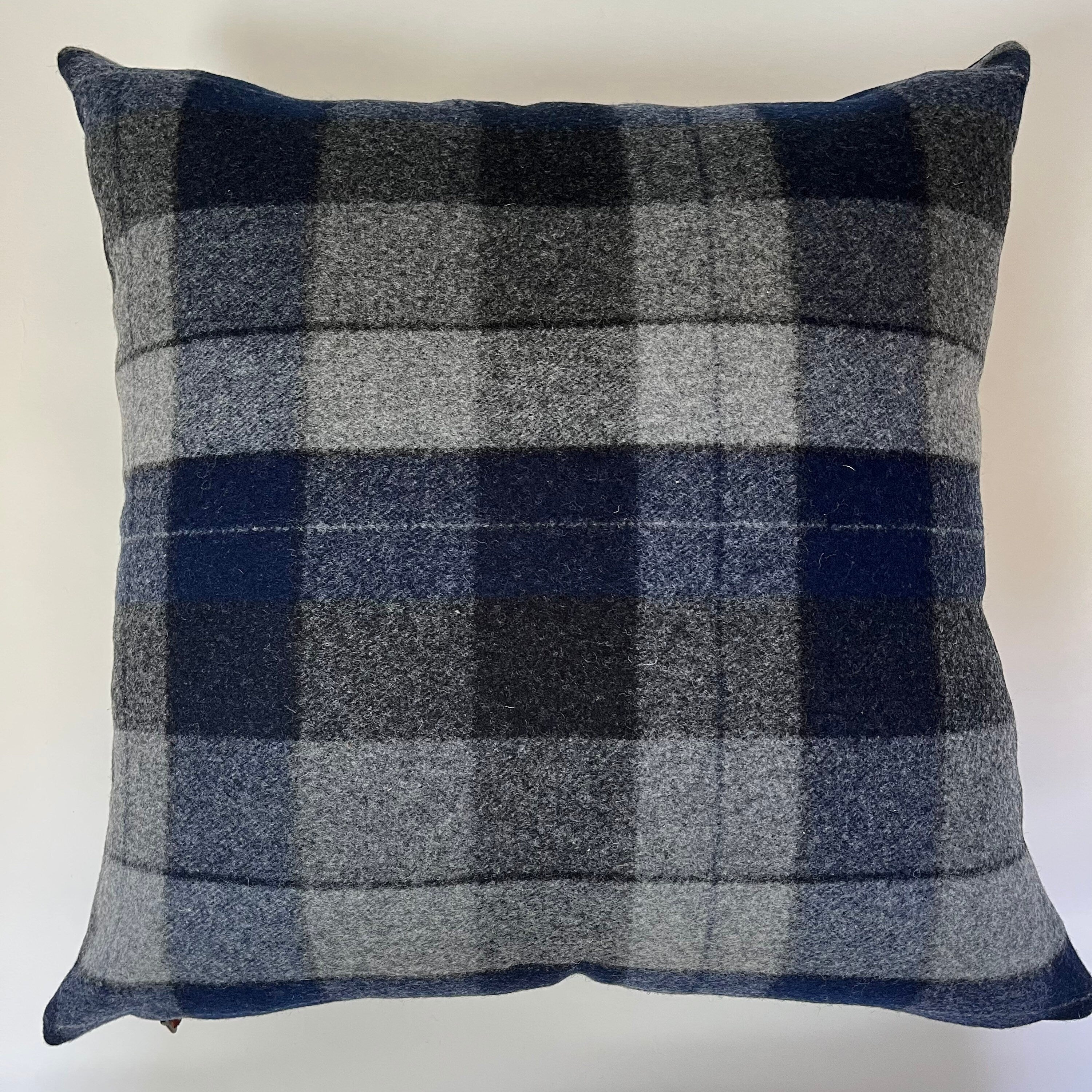 Blue black and gray plaid wool pillow cover exposed zipper-leather pull 24" 20" 22" 14x24"handmade