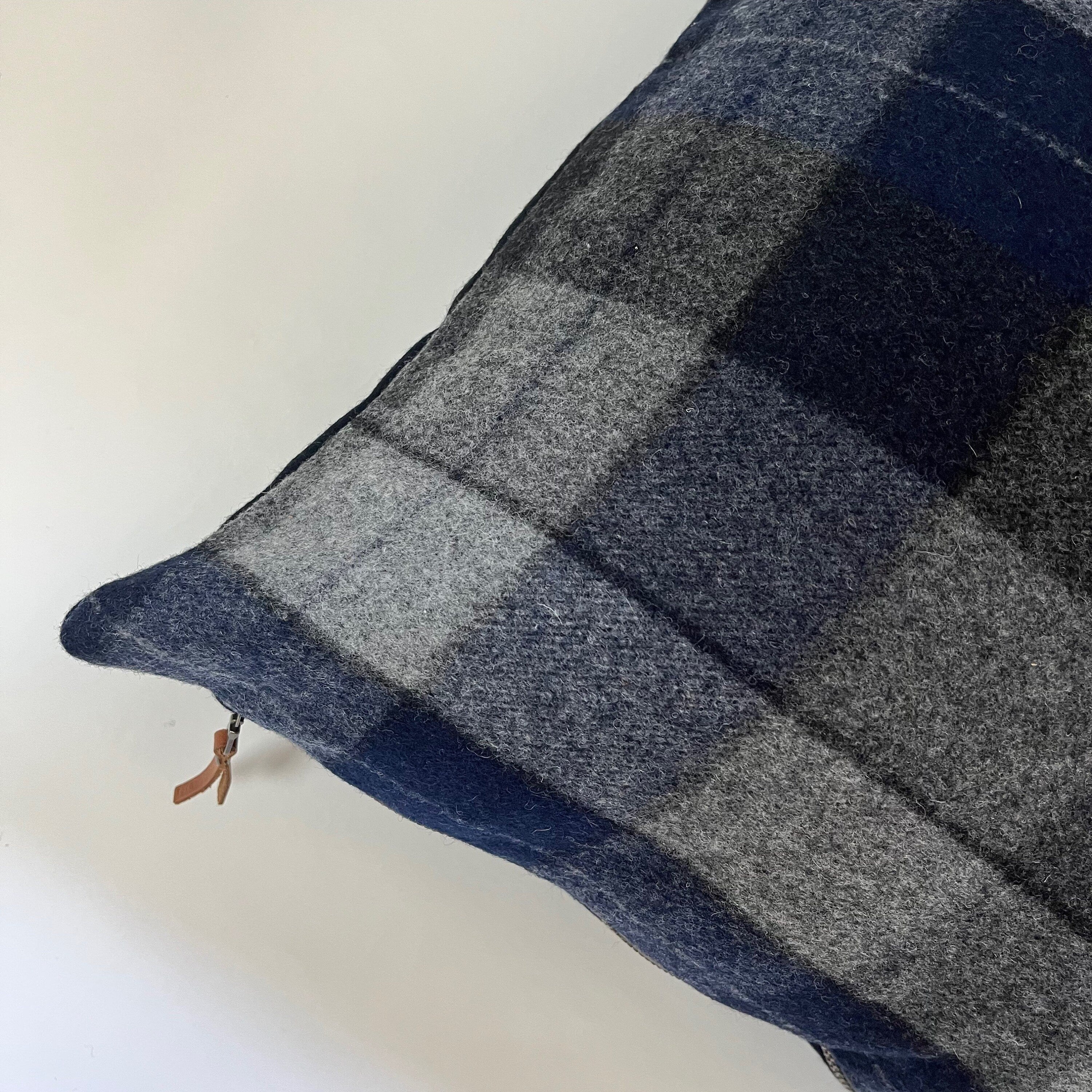Blue black and gray plaid wool pillow cover exposed zipper-leather pull 24" 20" 22" 14x24"handmade