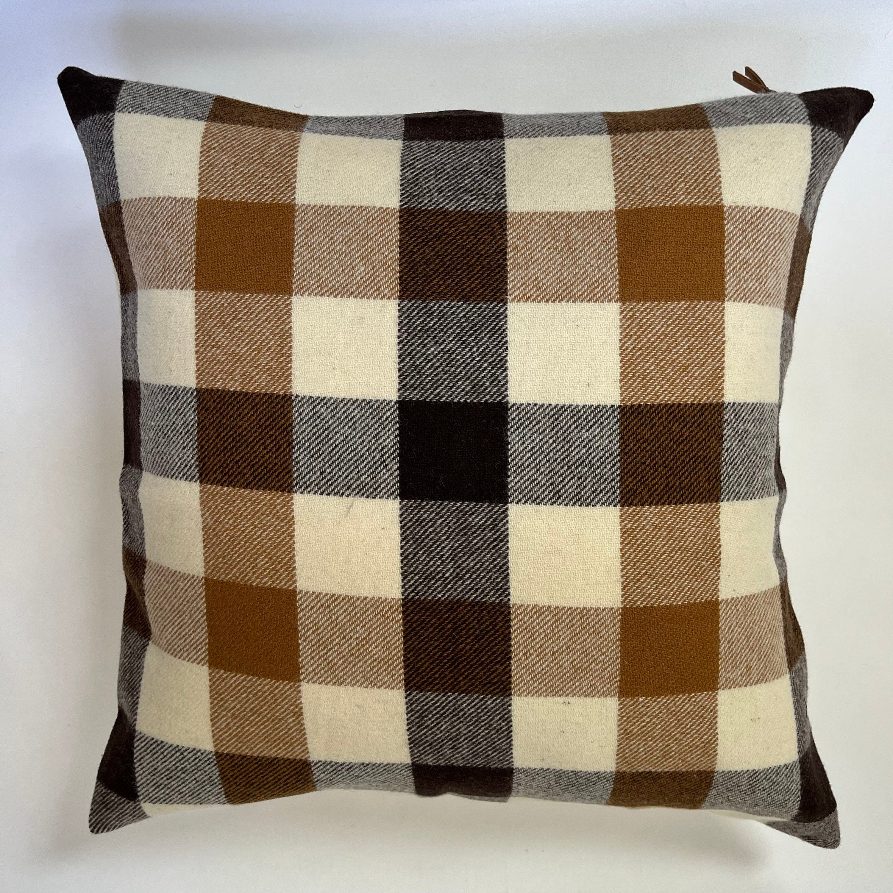 Brown black and cream plaid wool pillow cover exposed zipper-leather pull 20”24”22 14x24 handmade