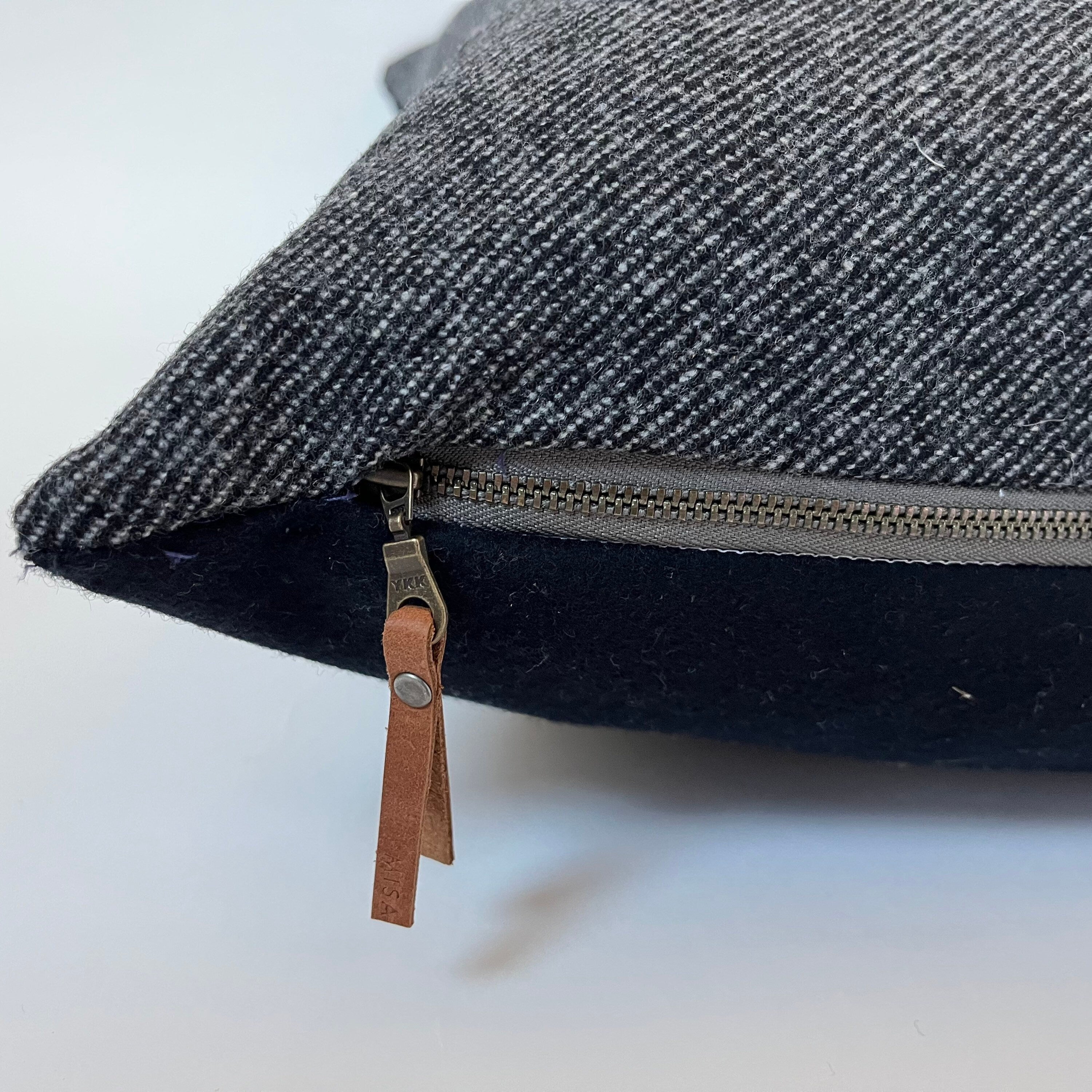 Black and white pinstriped wool pillow cover exposed zipper-leather pull 24"22"20" 14x24 handmade