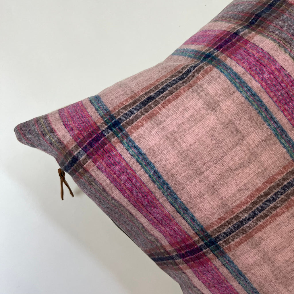 Pink blue plaid wool pillow cover exposed zipper-leather pull 20x20 14x24 made with Pendleton wool Handcrafted by misa housewarming gift