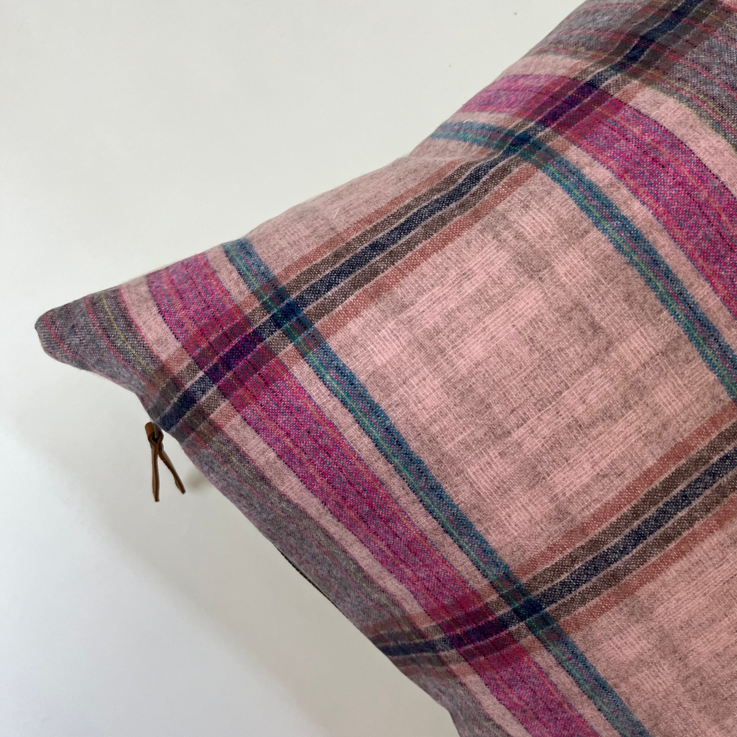 Pink blue plaid wool pillow cover exposed zipper-leather pull 20x20 14x24 made with Pendleton wool Handcrafted by misa housewarming gift