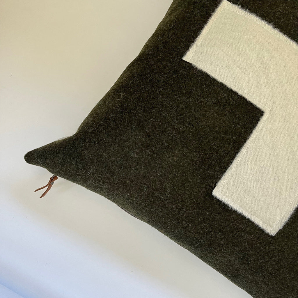 Swisscross pillow cover army green with cream swisscross exposed zipper-leather pull 20x20 or 24x14 lumbar handmade