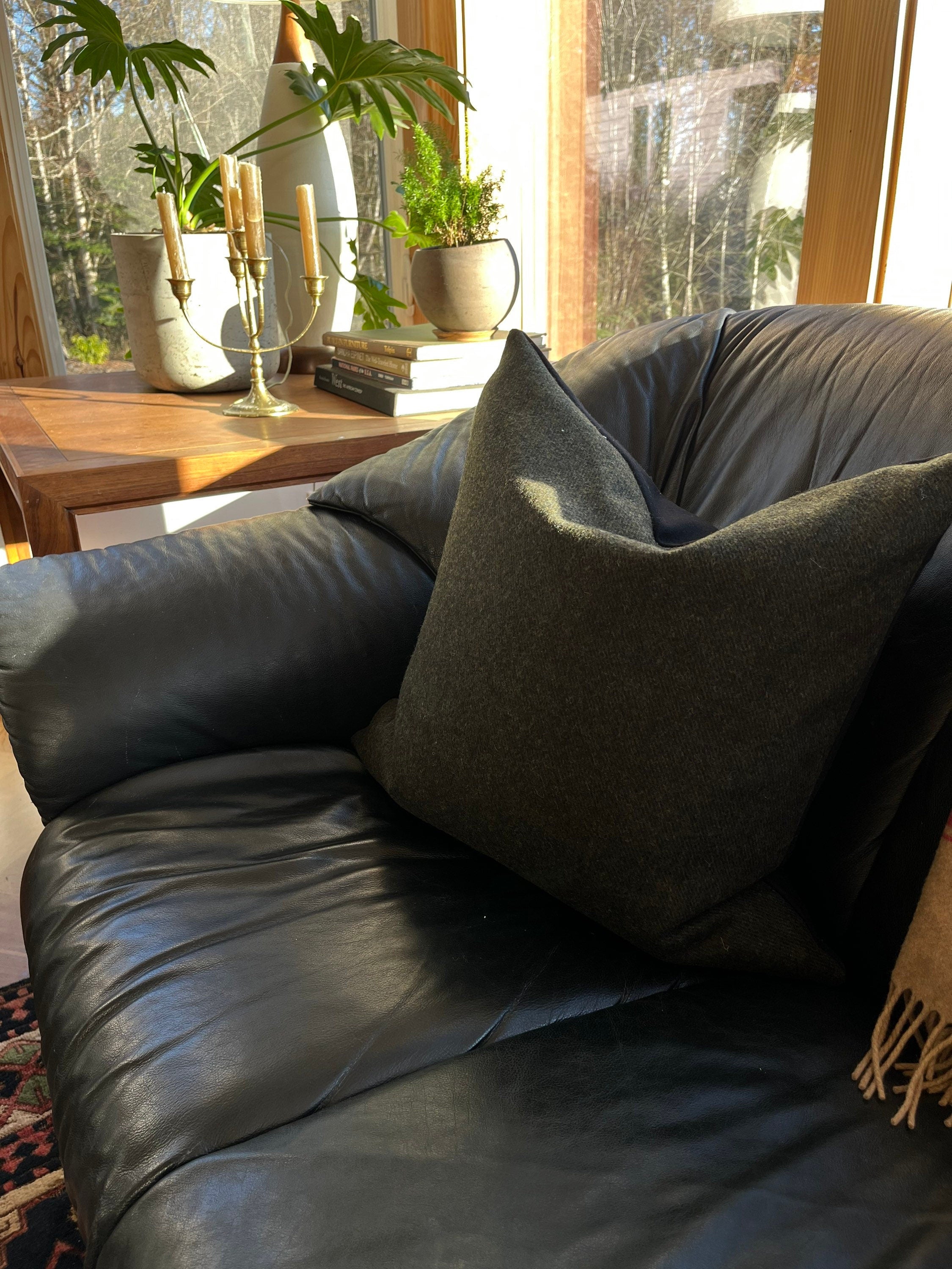 Black and green pinstriped wool pillow cover exposed zipper-leather pull 24"22" 20" 14x24" handmade