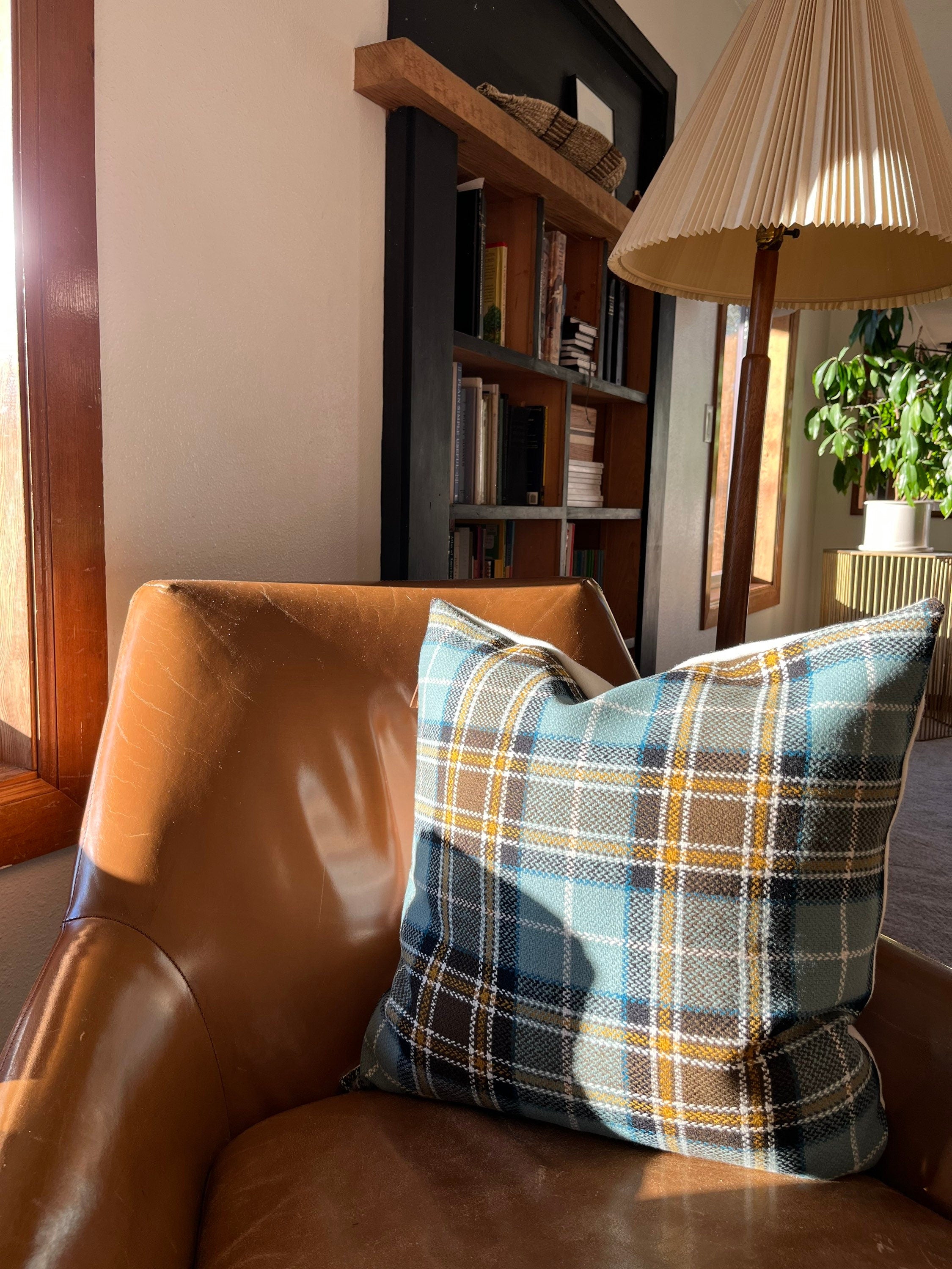 Blue black and gold plaid wool pillow cover exposed zipper-leather pull 24"22”20"14x24" handmade