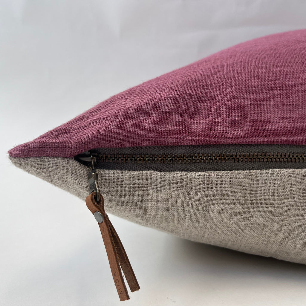 Pink pillow rose pink linen pillow plum girls pillow exposed zipper-leather pull 20”22" 24" 14x24” housewarming gift handcrafted by misa