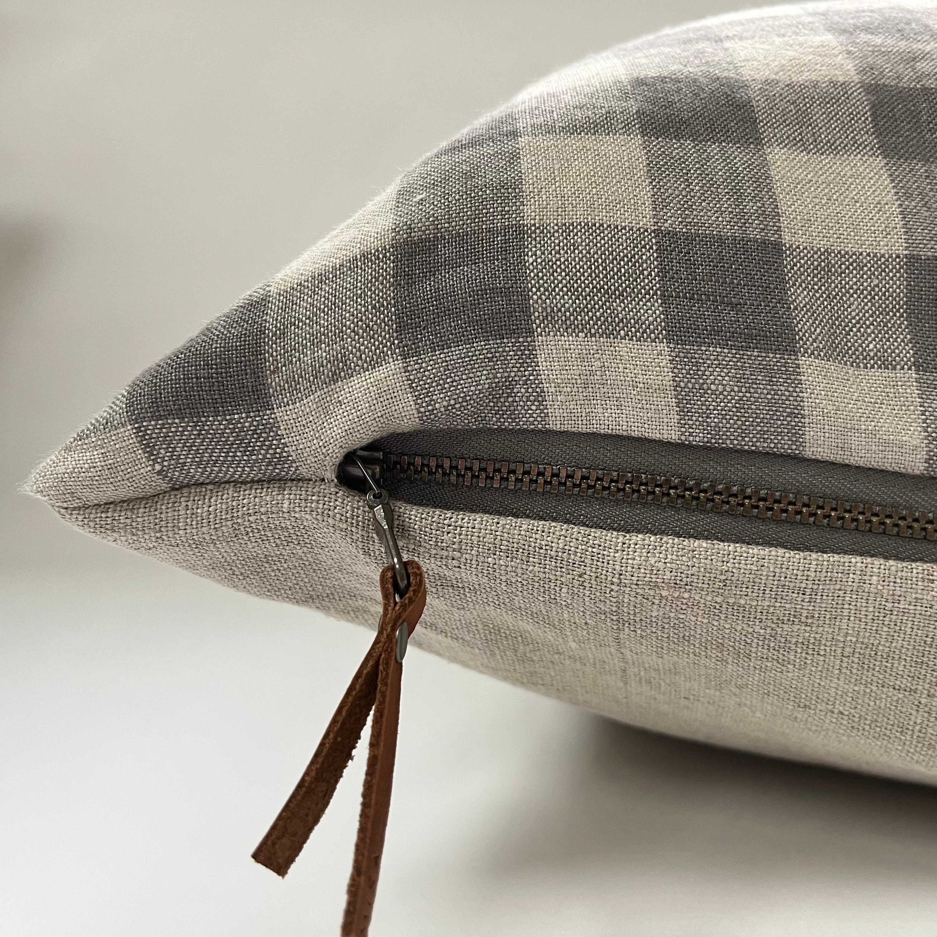 Gray linen gingham pillow exposed zipper checkered pillow leather pull 24x24” 22x22" 20x20” 14x24” 100% linen housewarming gift