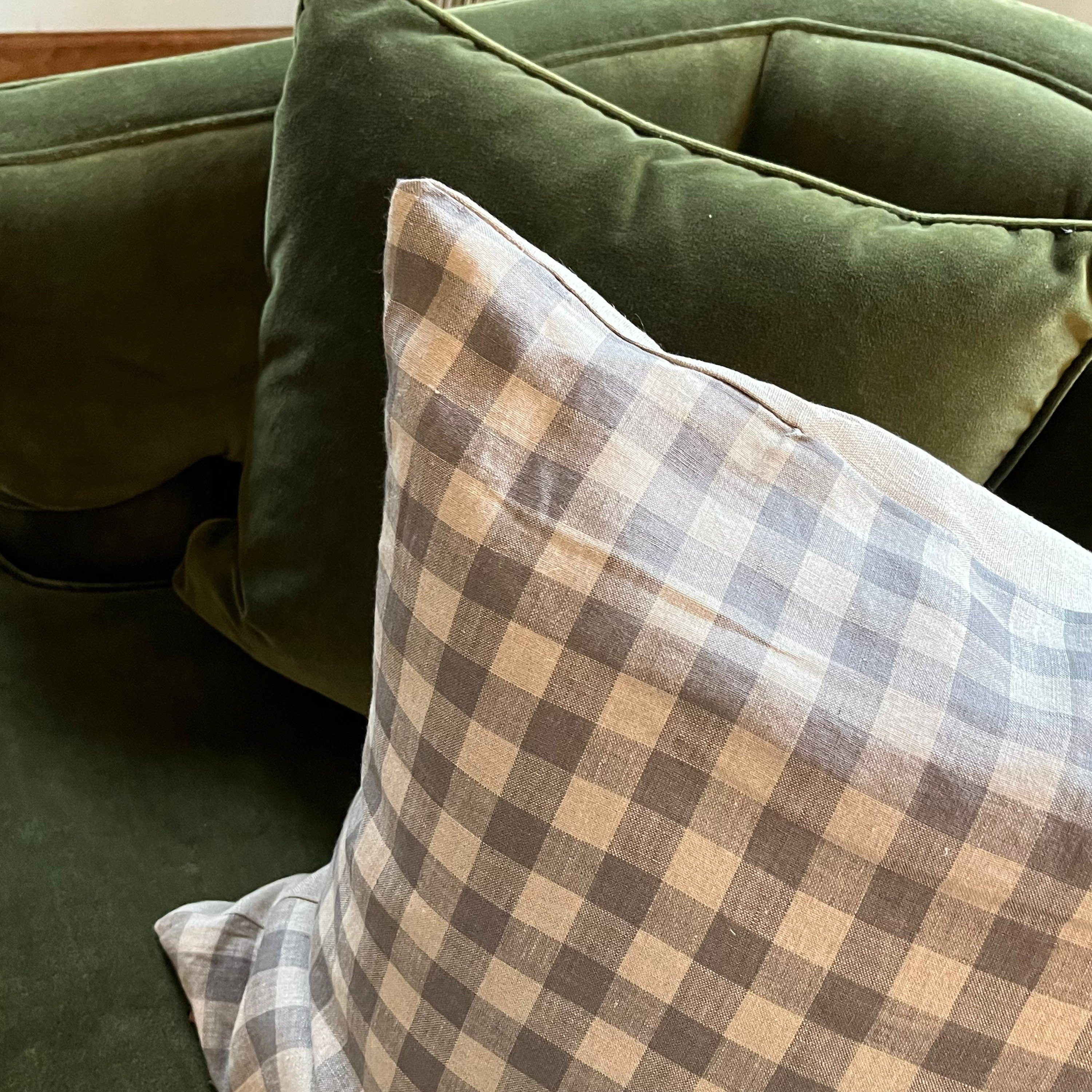 Gray linen gingham pillow exposed zipper checkered pillow leather pull 24x24” 22x22" 20x20” 14x24” 100% linen housewarming gift