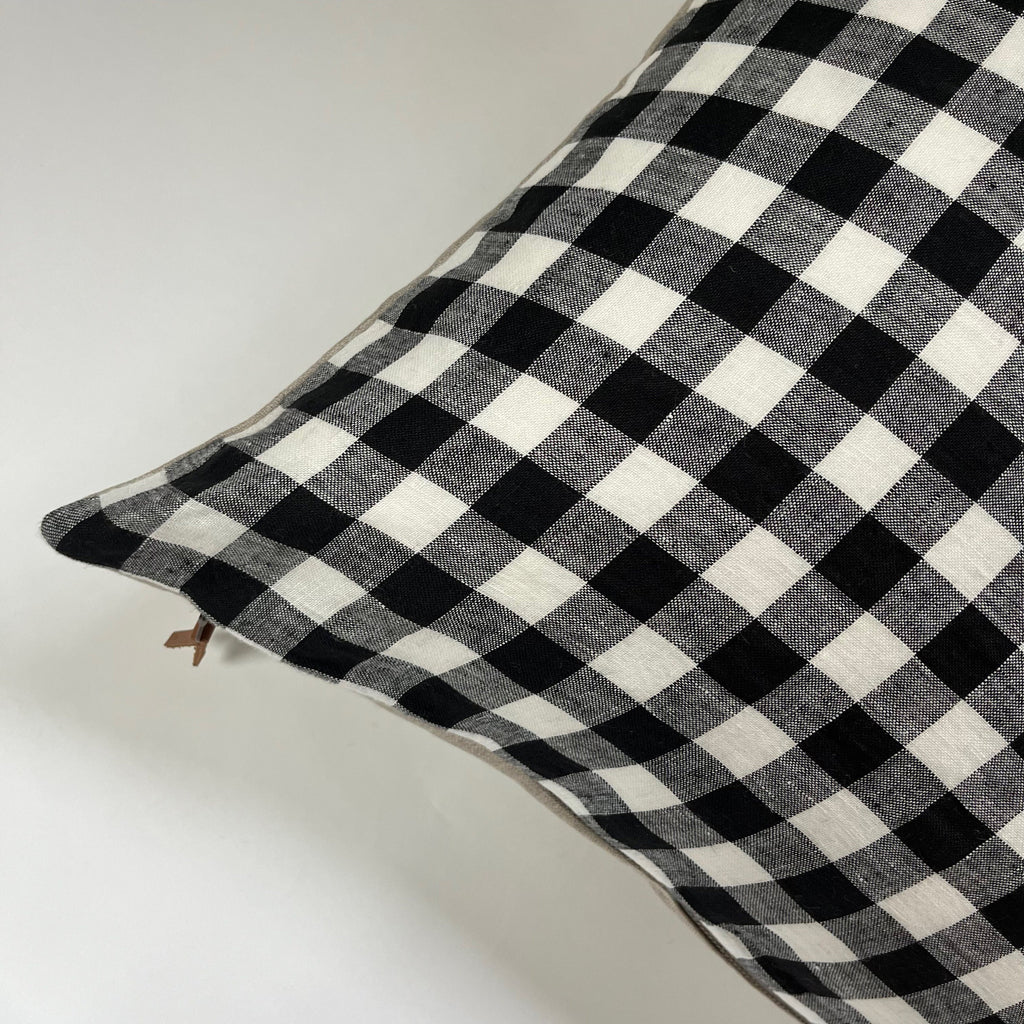 Black and white gingham plaid linen pillow exposed zipper checkered pillow leather pull 24” 20” 22" 14x24” 100% linen