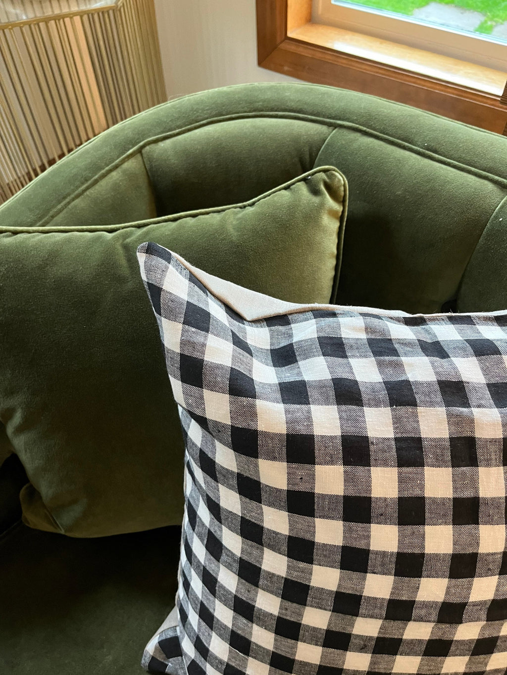 Black and white gingham plaid linen pillow exposed zipper checkered pillow leather pull 24” 20” 22" 14x24” 100% linen
