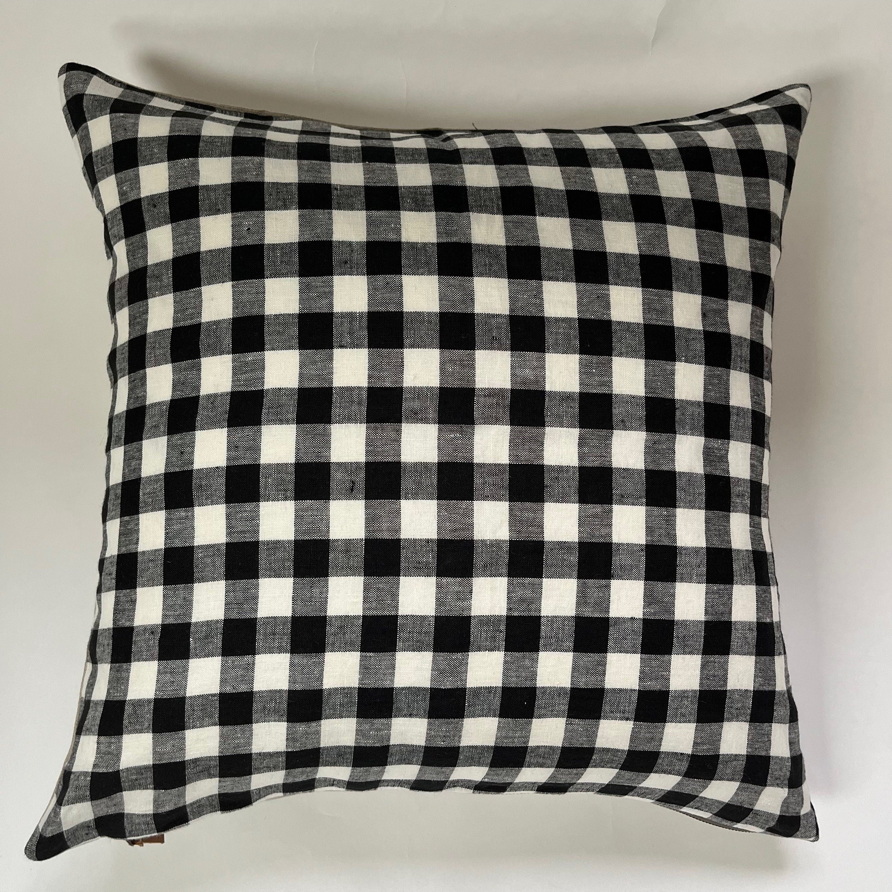 Black and white gingham plaid linen pillow exposed zipper checkered pillow leather pull 24” 20” 22" 14x24” 100% linen