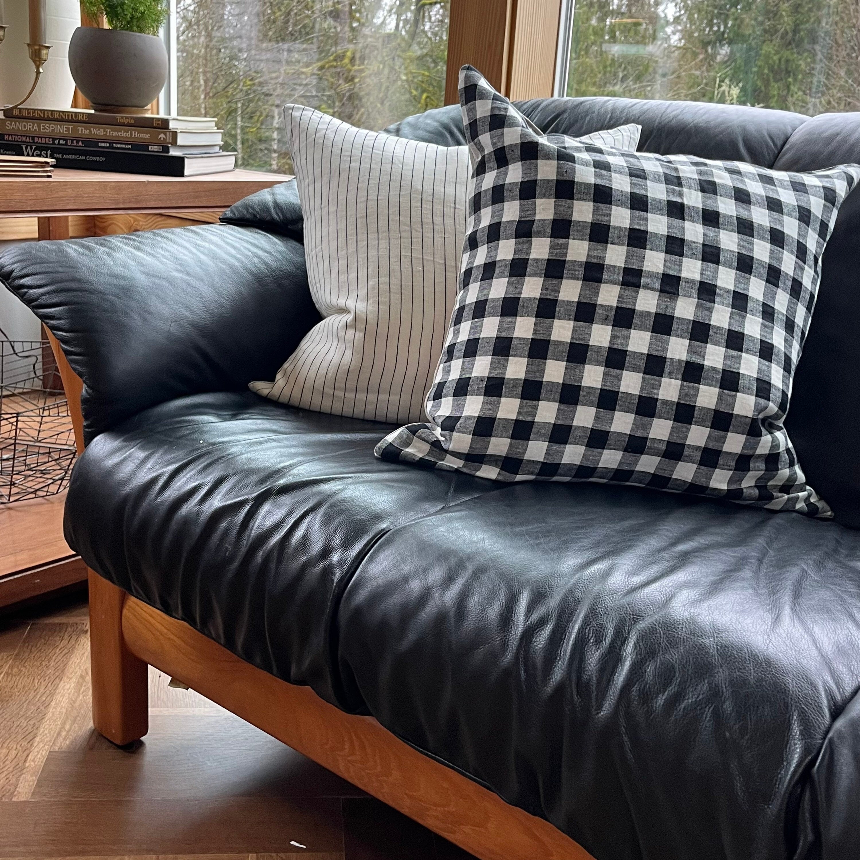 Black and white gingham plaid linen pillow exposed zipper checkered pillow leather pull 24” 20” 22" 14x24” 100% linen