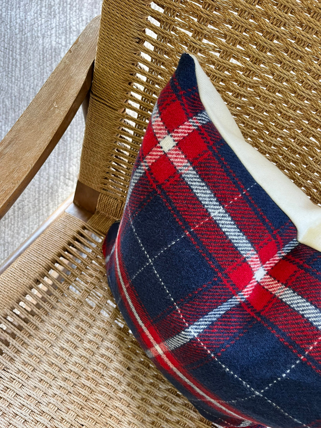 Red white Blue plaid wool pillow housewarming Fourth of July exposed zipper 14x24 24" 22"20" Handmade Handcrafted by misa