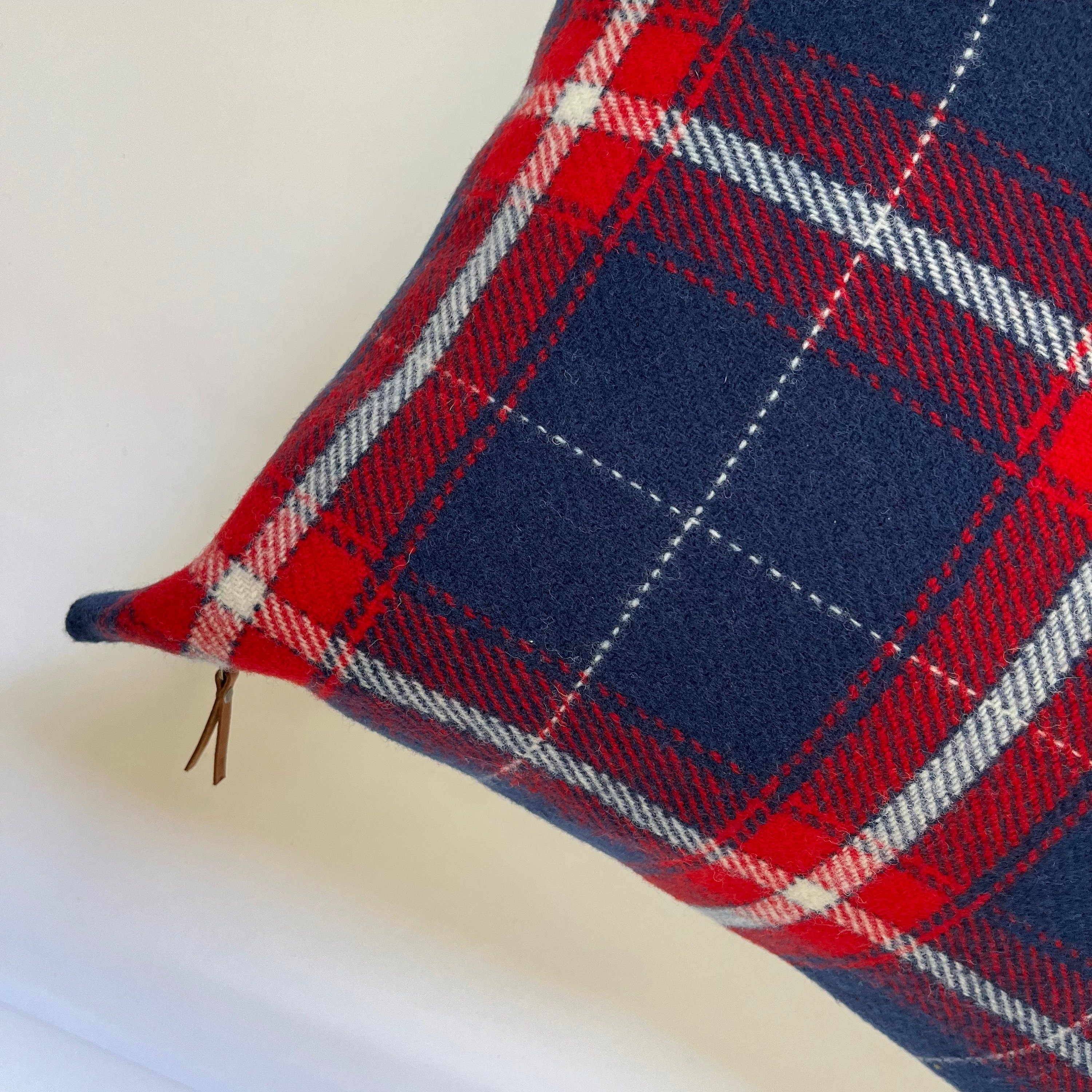Red white Blue plaid wool pillow housewarming Fourth of July exposed zipper 14x24 24" 22"20" Handmade Handcrafted by misa